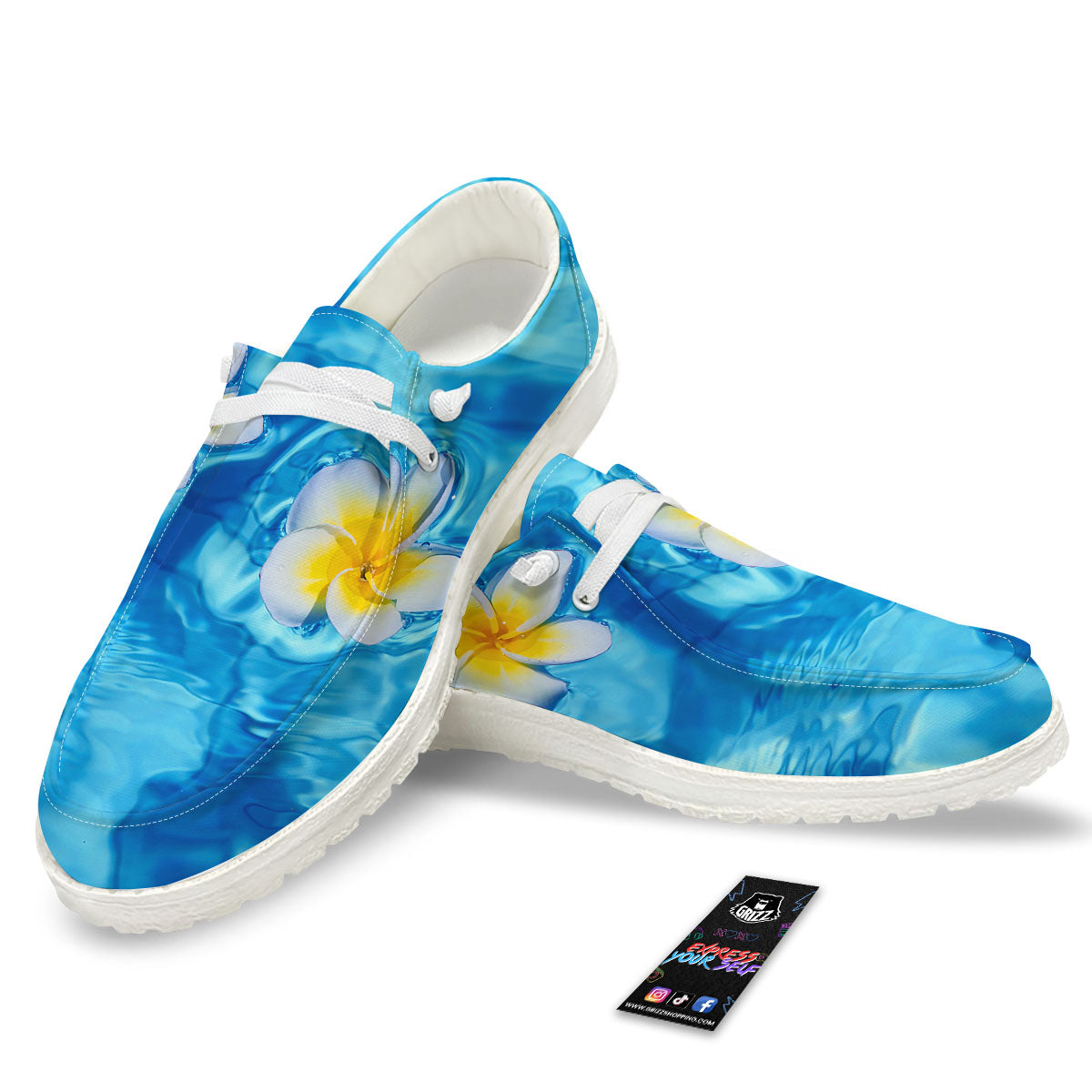 Yellow And White Plumeria In Water Print White Loafers-grizzshop