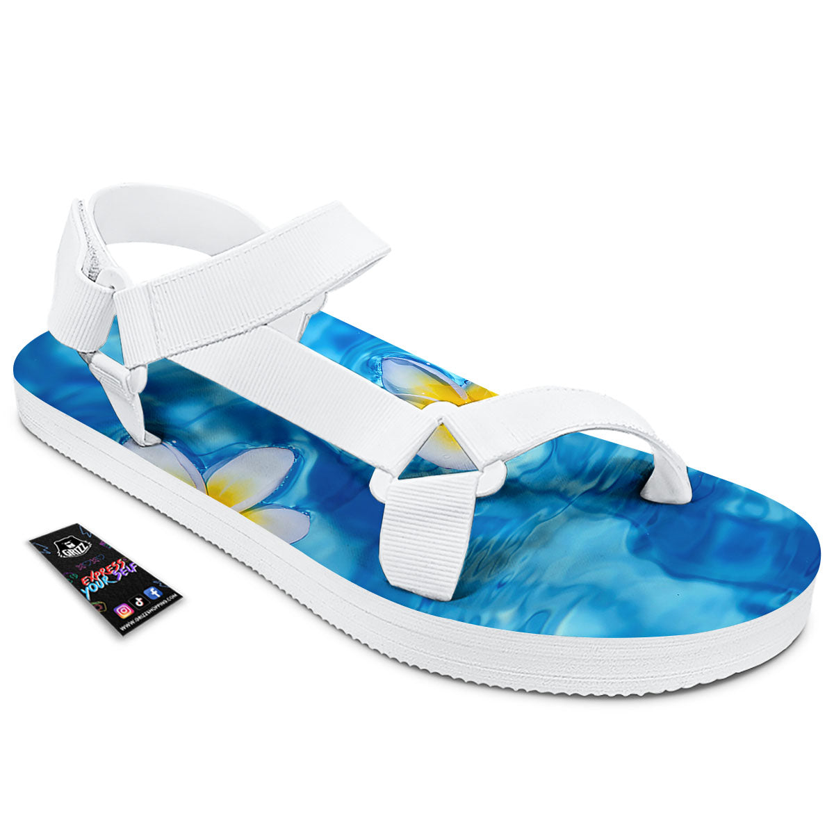 Yellow And White Plumeria In Water Print White Open Toe Sandals-grizzshop