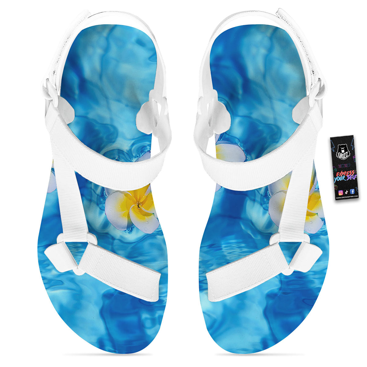Yellow And White Plumeria In Water Print White Open Toe Sandals-grizzshop
