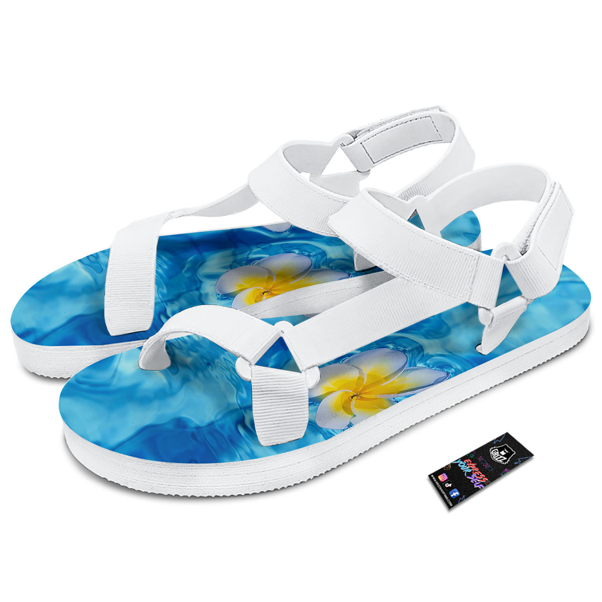 Yellow And White Plumeria In Water Print White Open Toe Sandals-grizzshop
