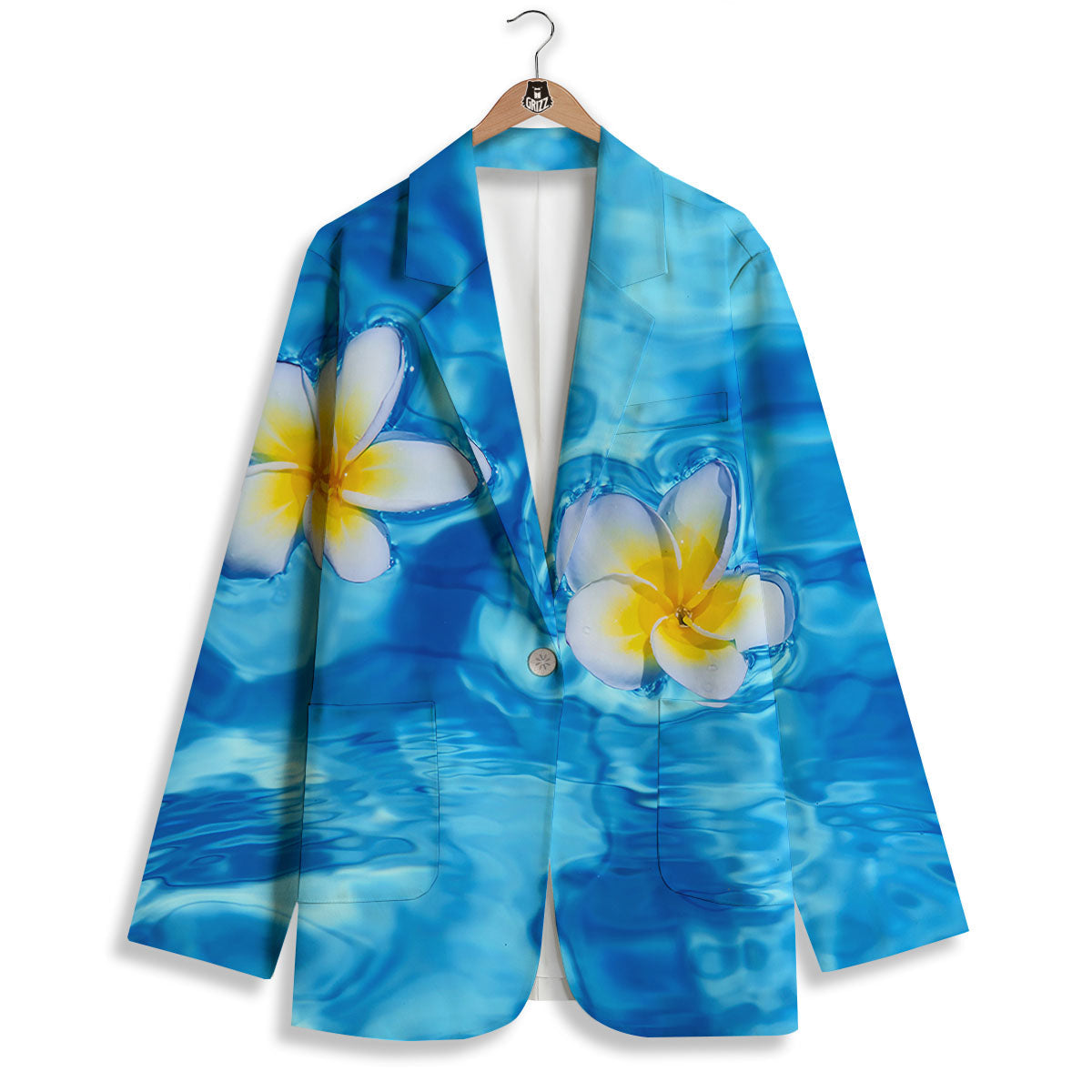 Yellow And White Plumeria In Water Print Women's Blazer-grizzshop