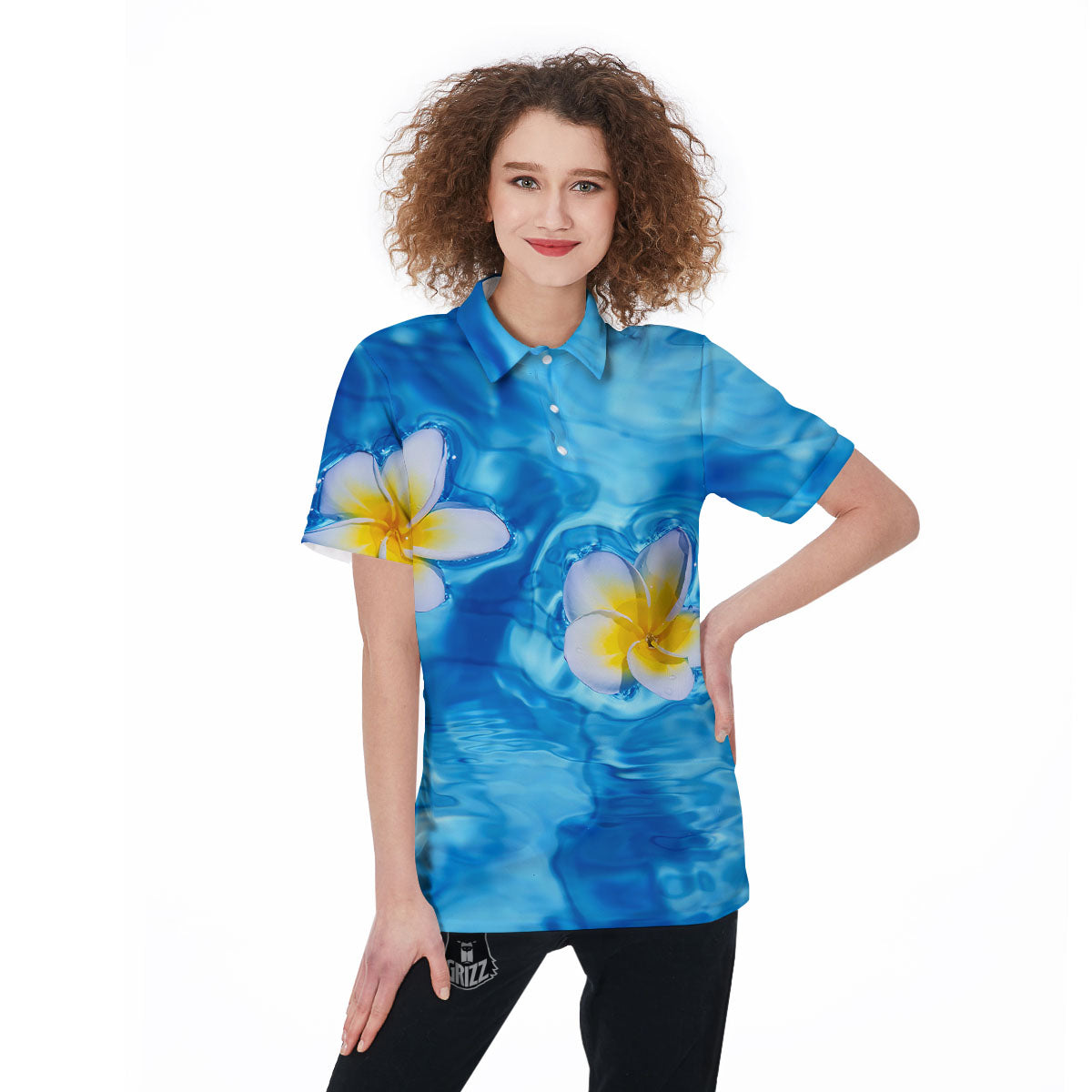 Yellow And White Plumeria In Water Print Women's Golf Shirts-grizzshop