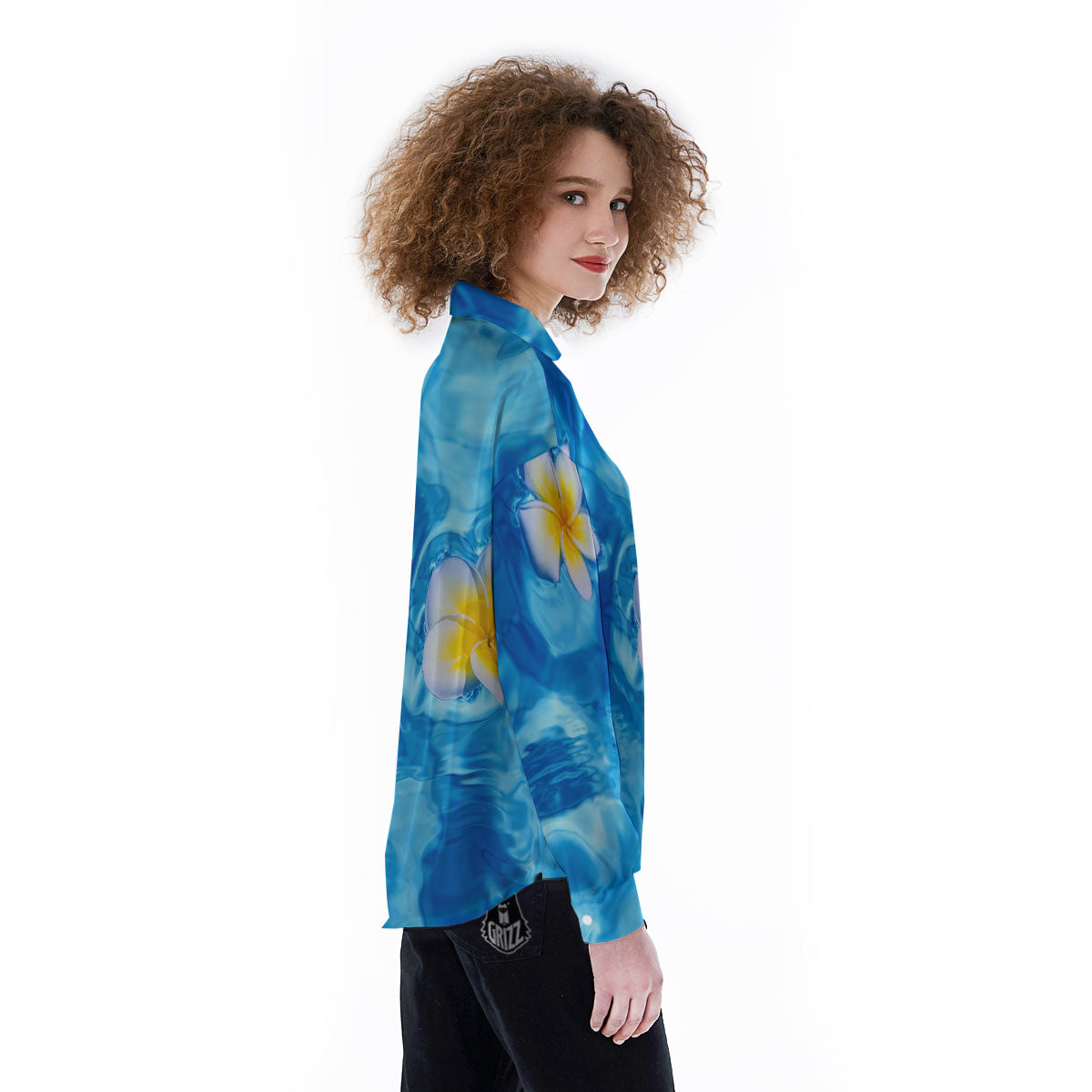 Yellow And White Plumeria In Water Print Women's Long Sleeve Shirts-grizzshop
