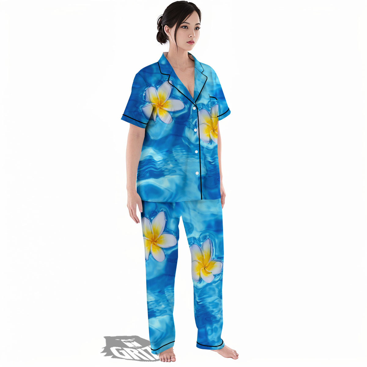 Yellow And White Plumeria In Water Print Women's Pajamas Set-grizzshop