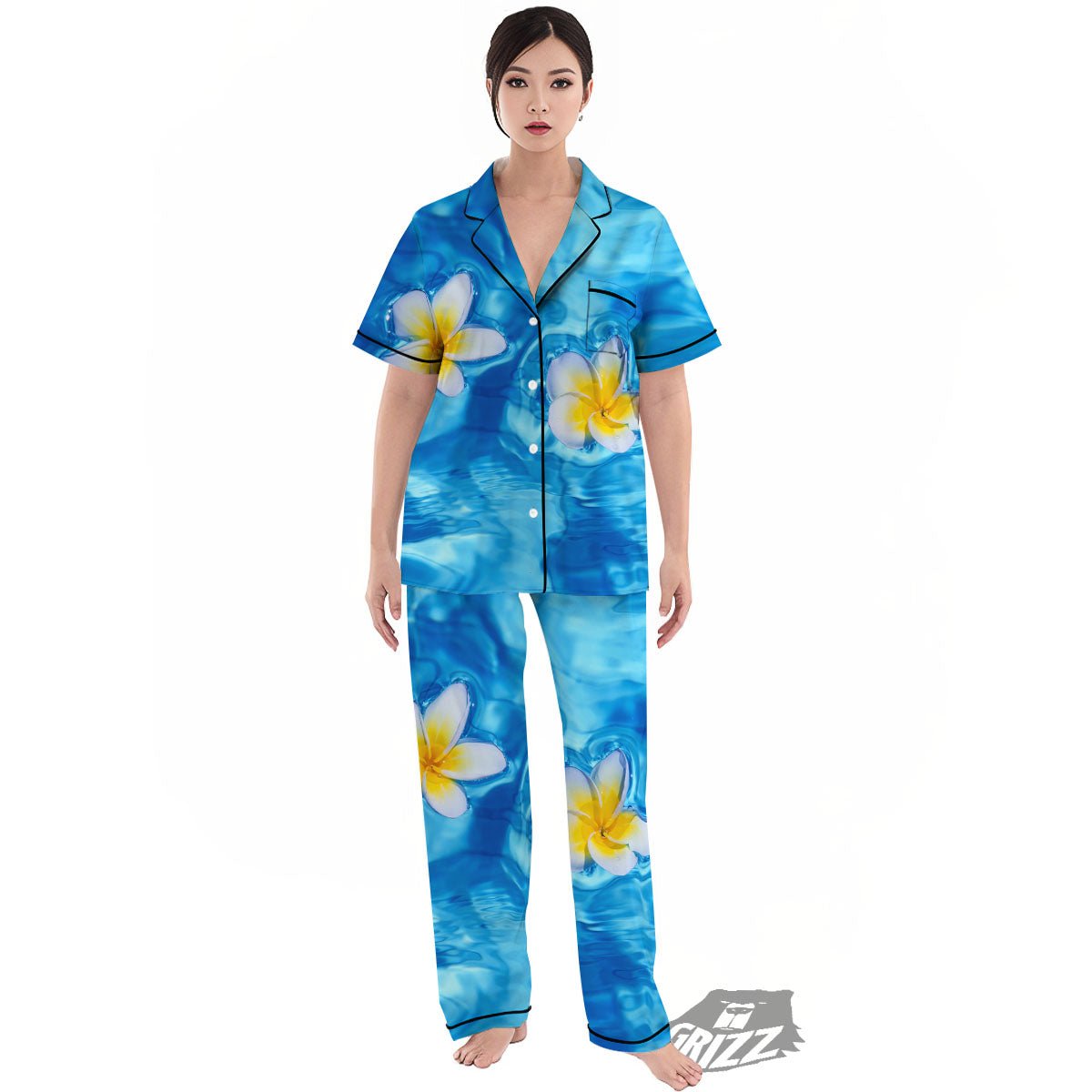 Yellow And White Plumeria In Water Print Women's Pajamas Set-grizzshop