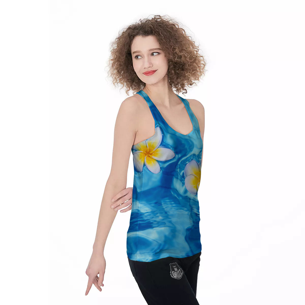 Yellow And White Plumeria In Water Print Women's Racerback Tank Top-grizzshop