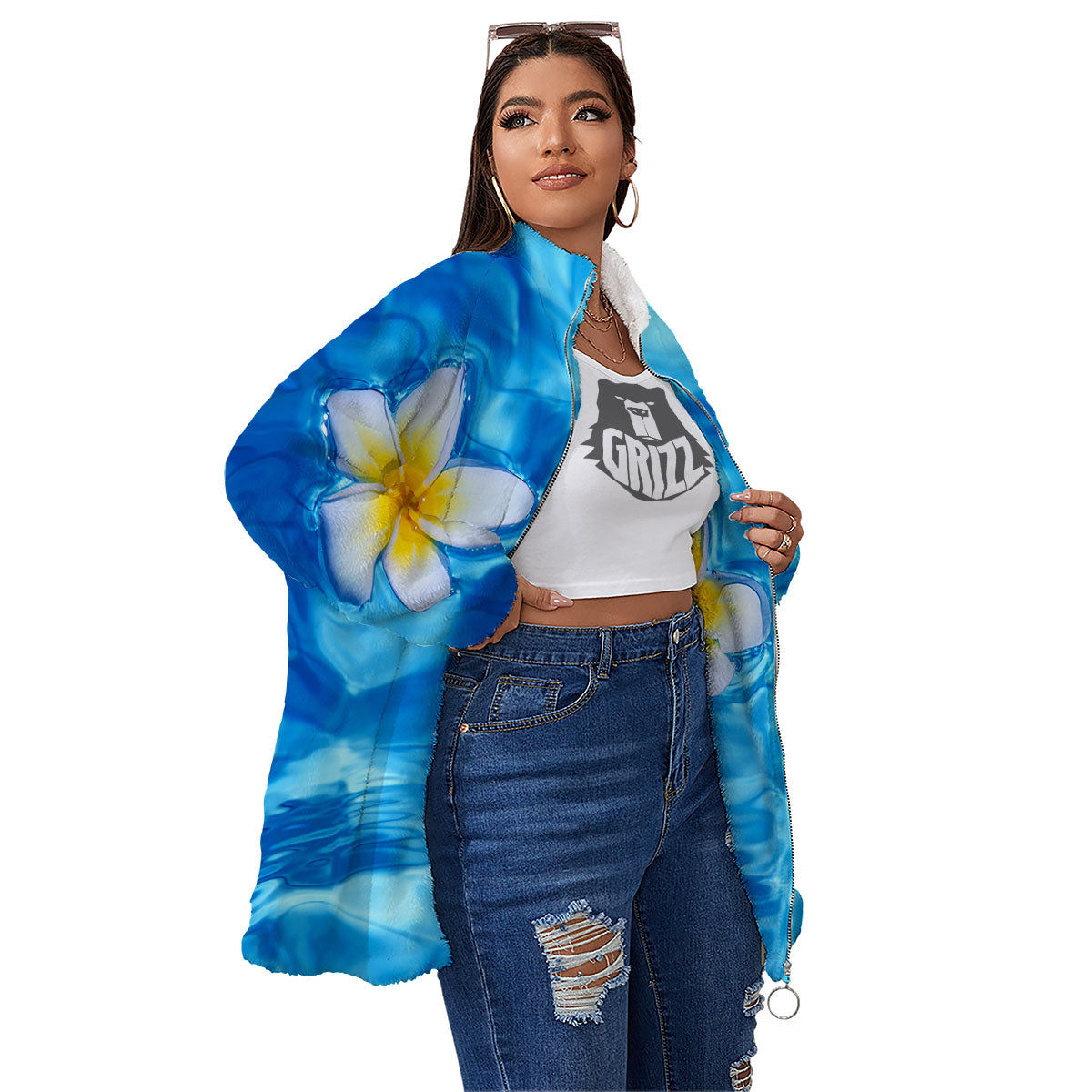 Yellow And White Plumeria In Water Print Women's Sherpa Jacket-grizzshop