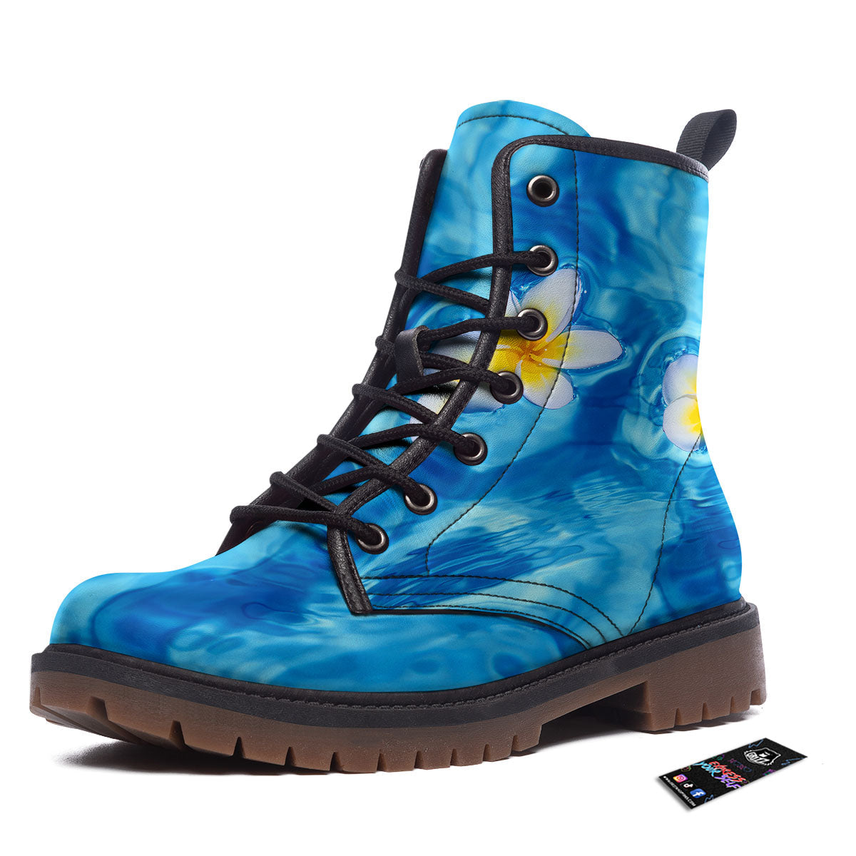 Yellow And White Plumeria In Water Print Work Boots-grizzshop