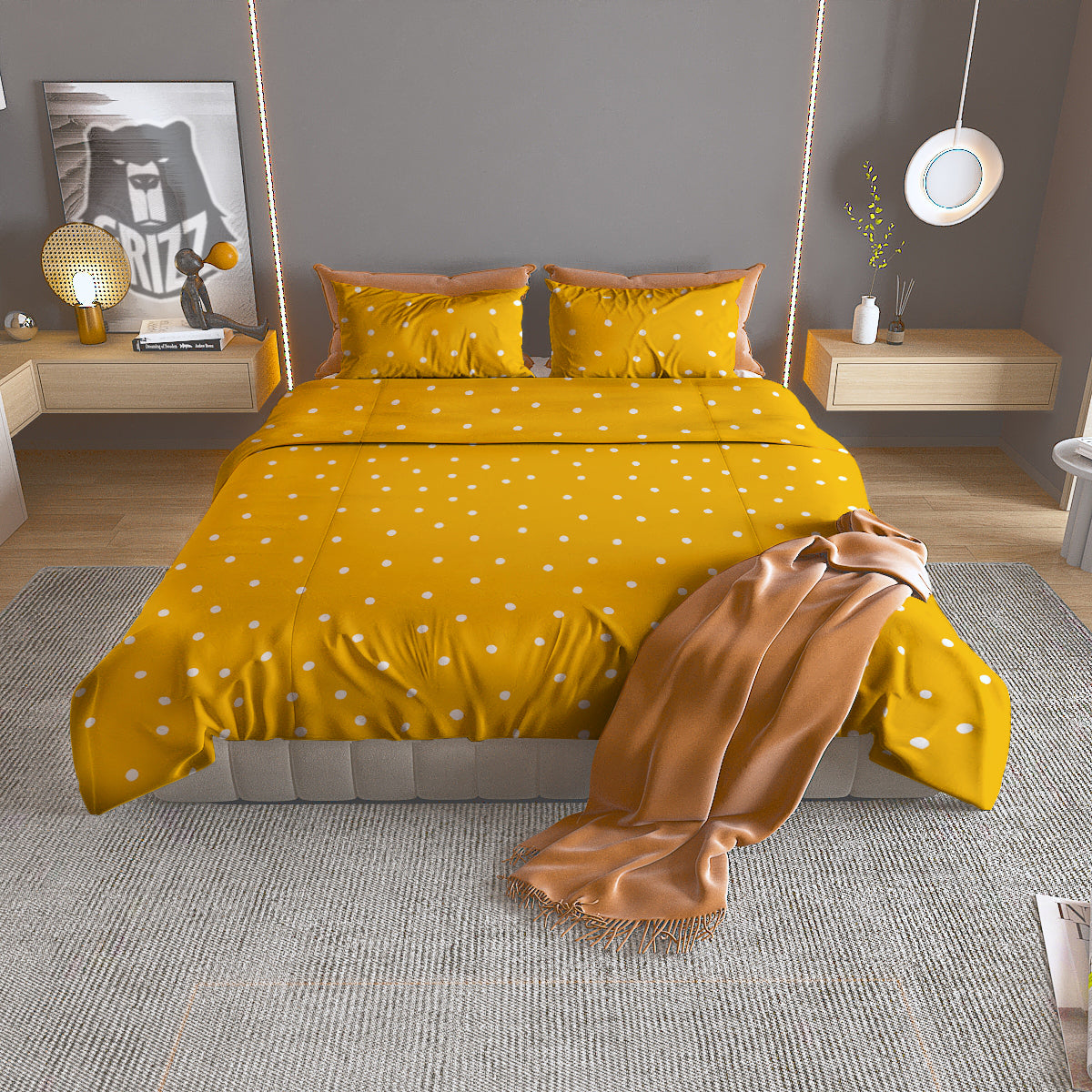 Yellow And White Polka Dot Print Pattern Duvet Cover Bedding Set