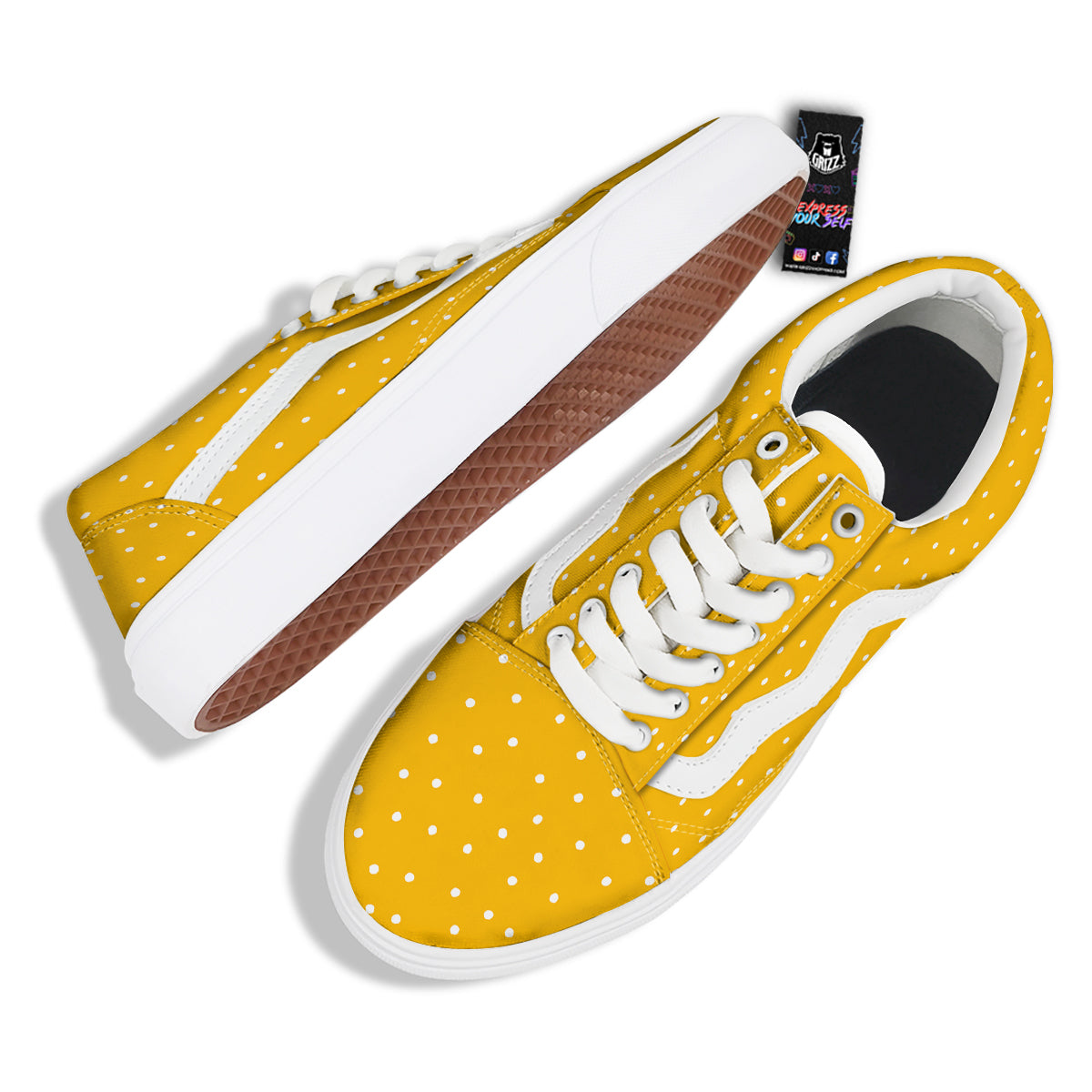 Yellow And White Polka Dot Print Pattern Skate Shoes-grizzshop