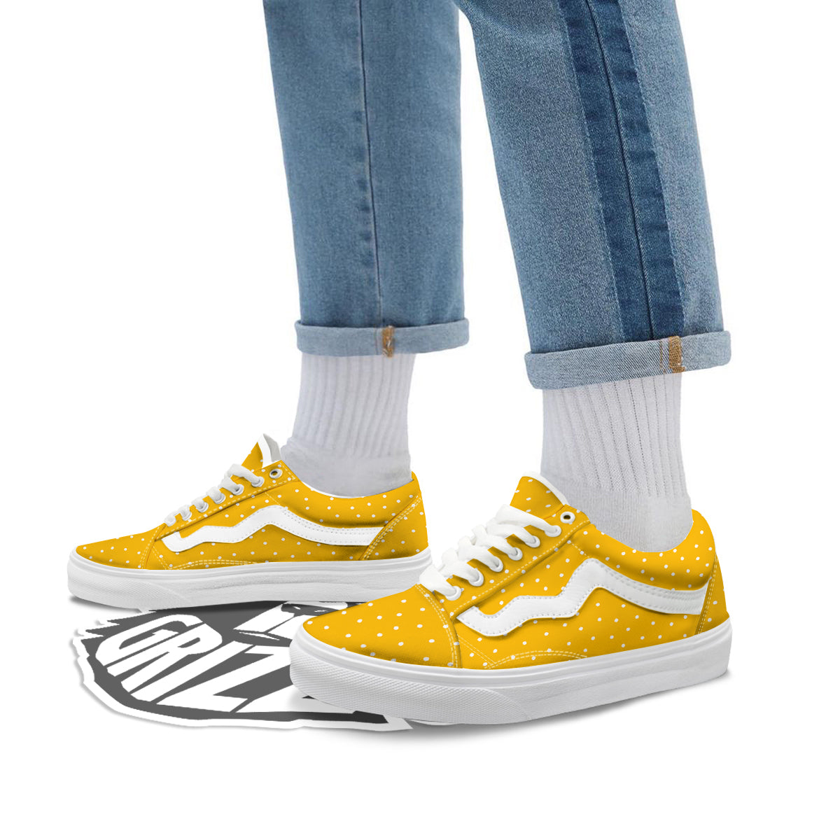 Yellow And White Polka Dot Print Pattern Skate Shoes-grizzshop