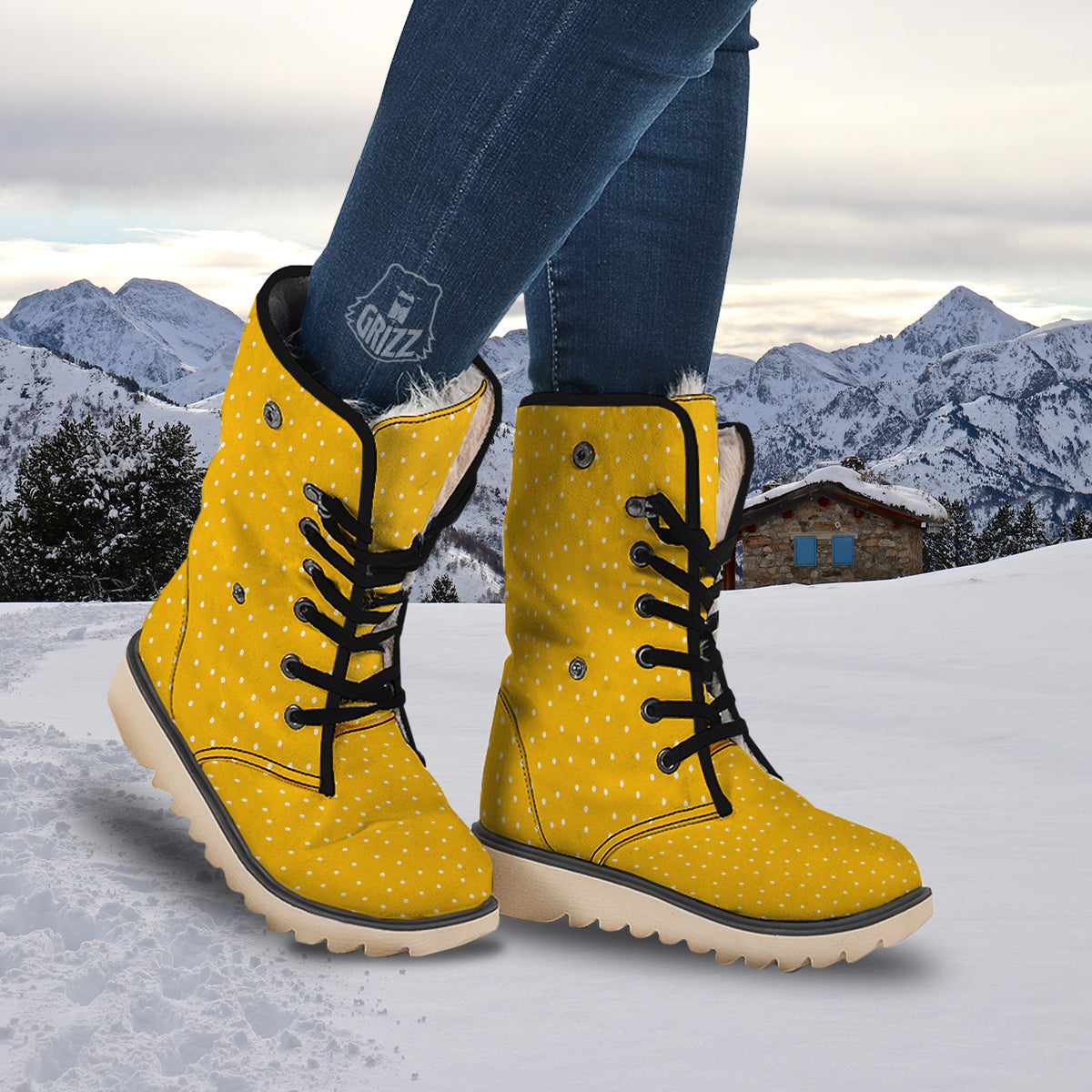 Yellow And White Polka Dot Print Pattern Snow Boots-grizzshop