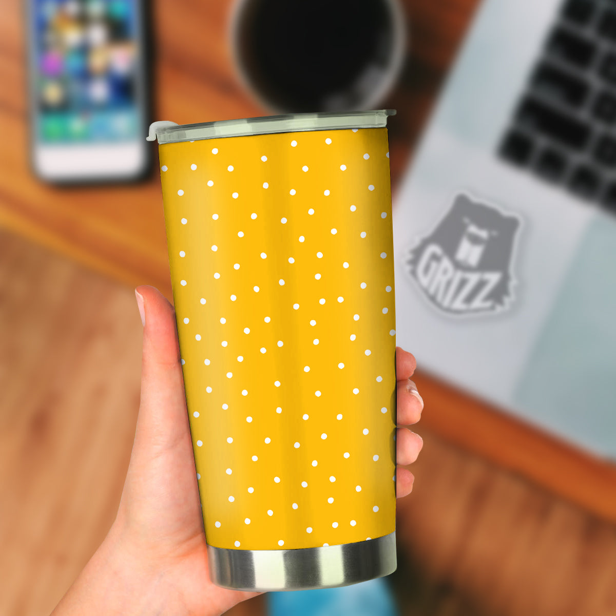 Yellow And White Polka Dot Print Pattern Tumbler-grizzshop