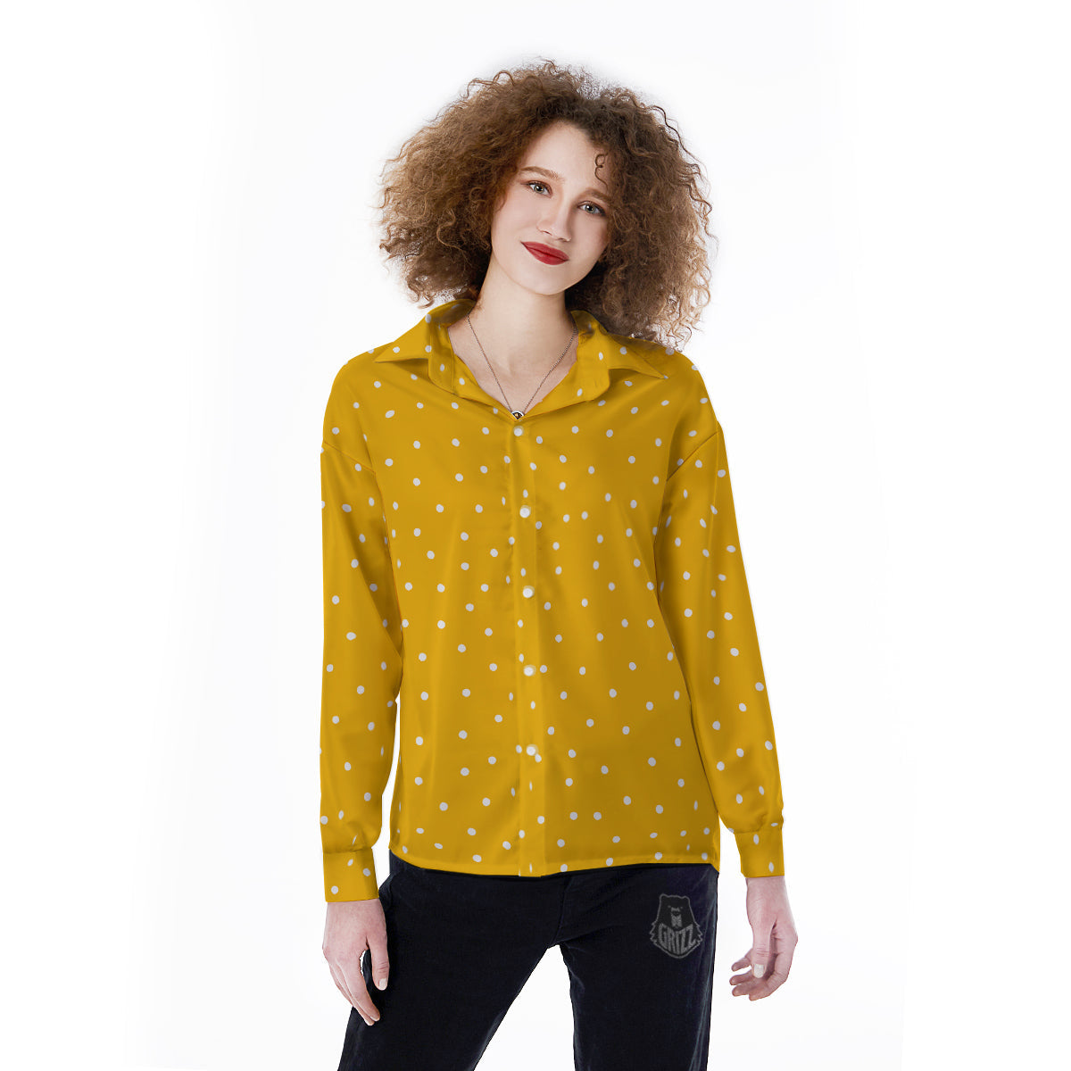 Yellow And White Polka Dot Print Pattern Women's Long Sleeve Shirts-grizzshop