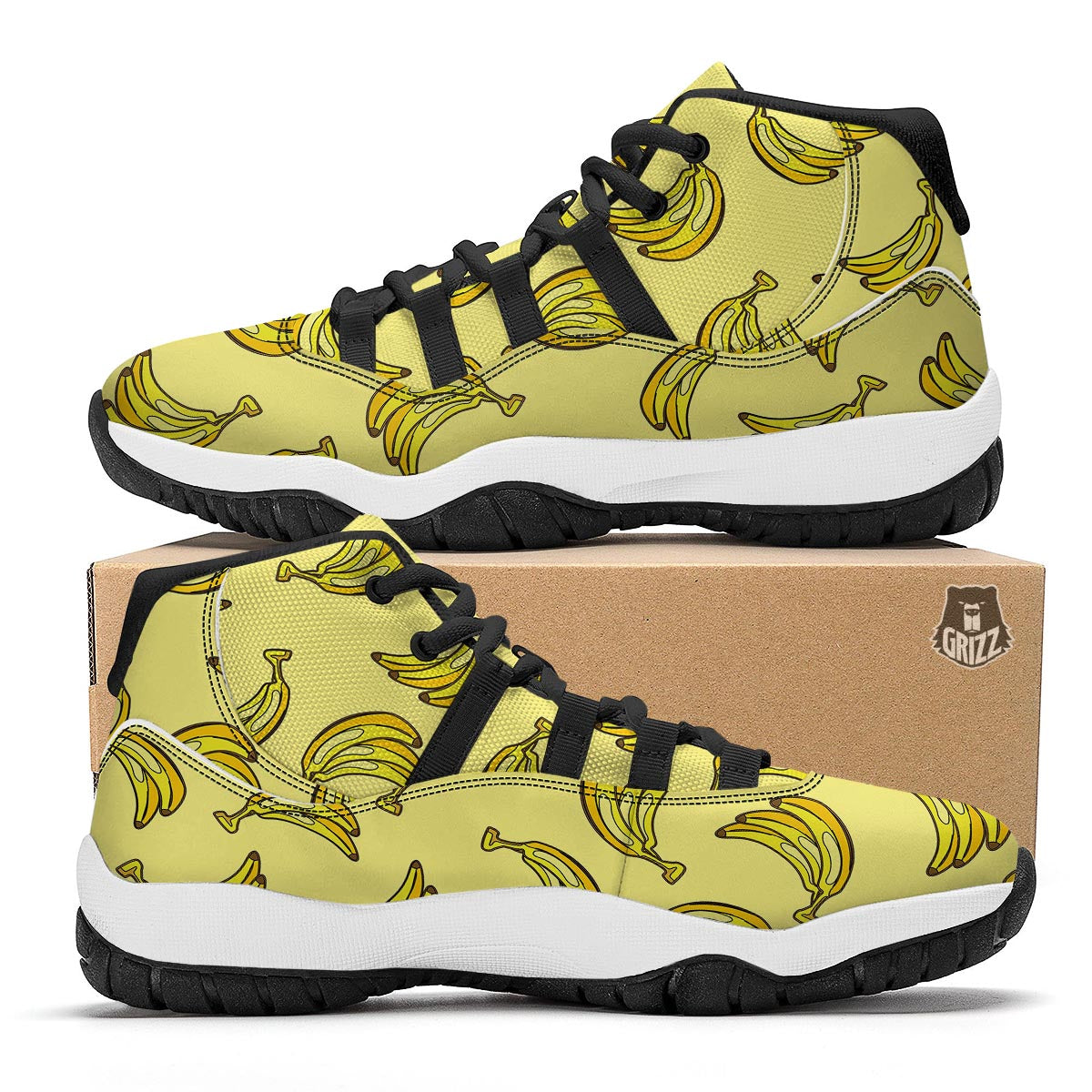 Yellow Banana Pattern Print Black Bball Shoes-grizzshop
