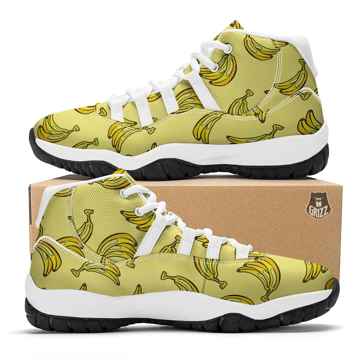 Yellow Banana Pattern Print White Bball Shoes-grizzshop
