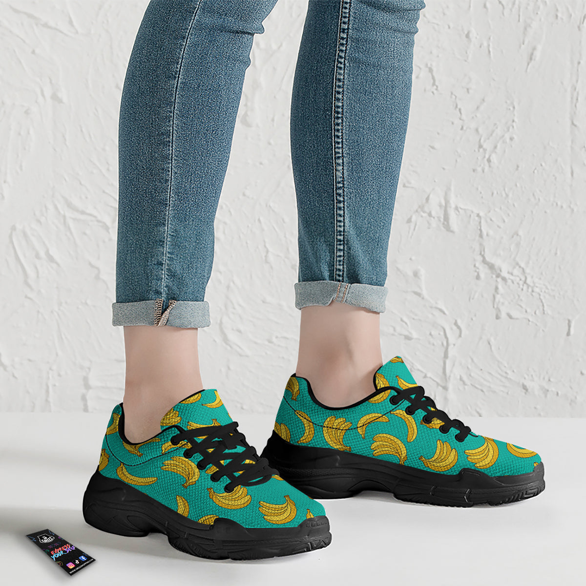 Yellow Banana Print Pattern Black Chunky Shoes-grizzshop