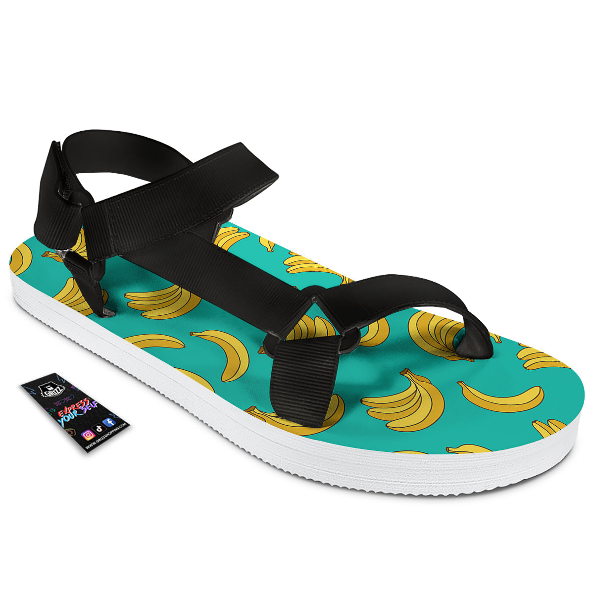 Yellow Banana Print Pattern Black Open Toe Sandals-grizzshop