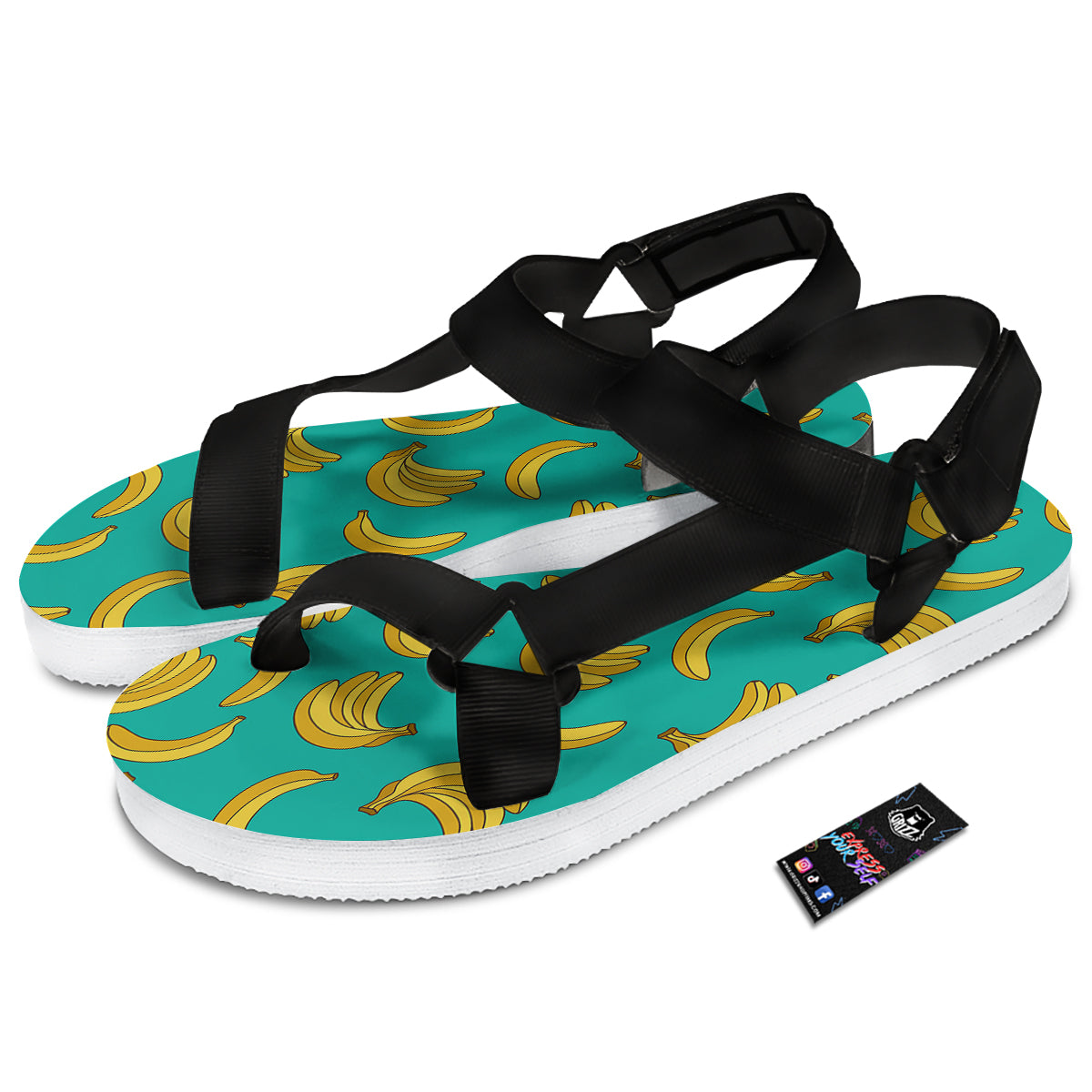Yellow Banana Print Pattern Black Open Toe Sandals-grizzshop