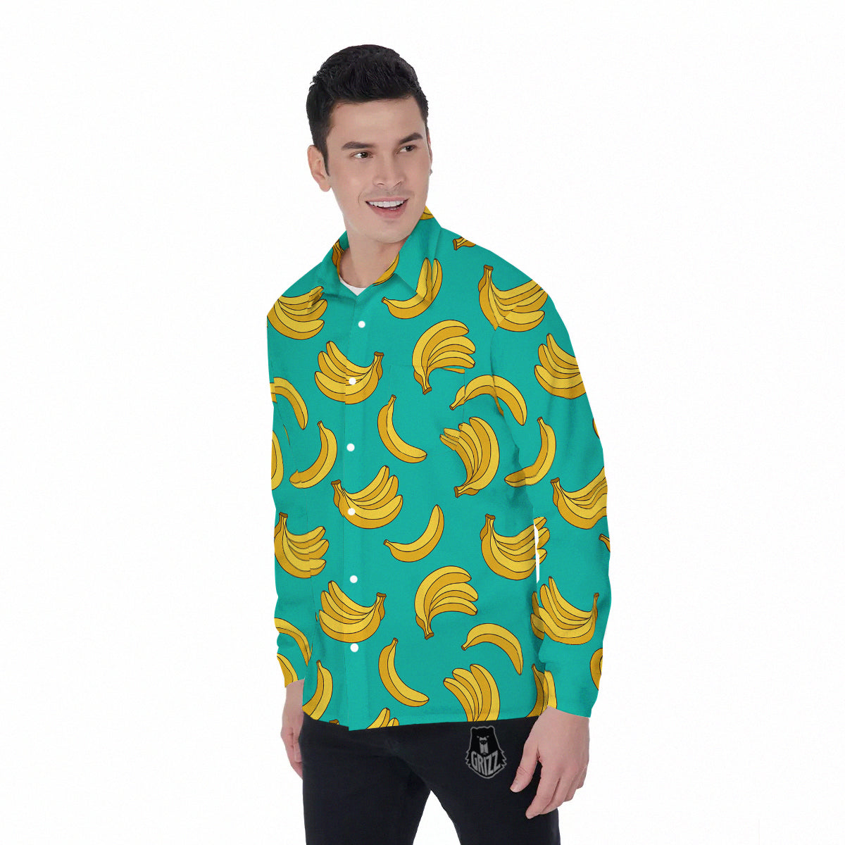 Yellow Banana Print Pattern Men's Long Sleeve Shirts-grizzshop