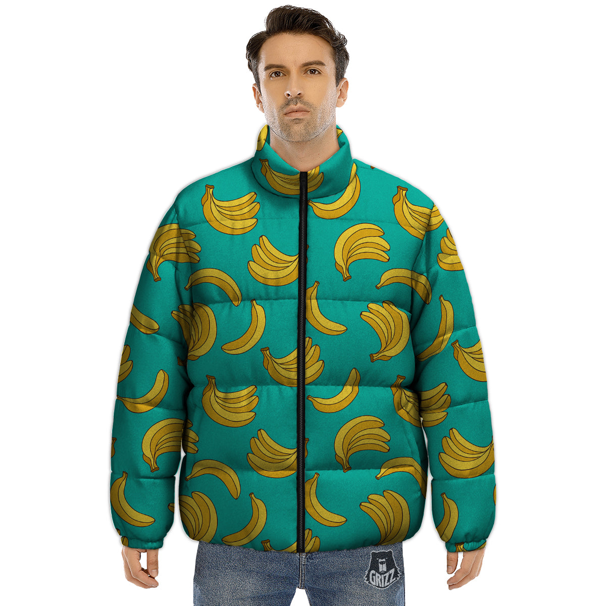 Yellow Banana Print Pattern Puffer Jacket-grizzshop