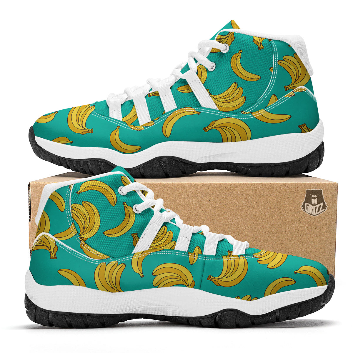 Yellow Banana Print Pattern White Bball Shoes-grizzshop