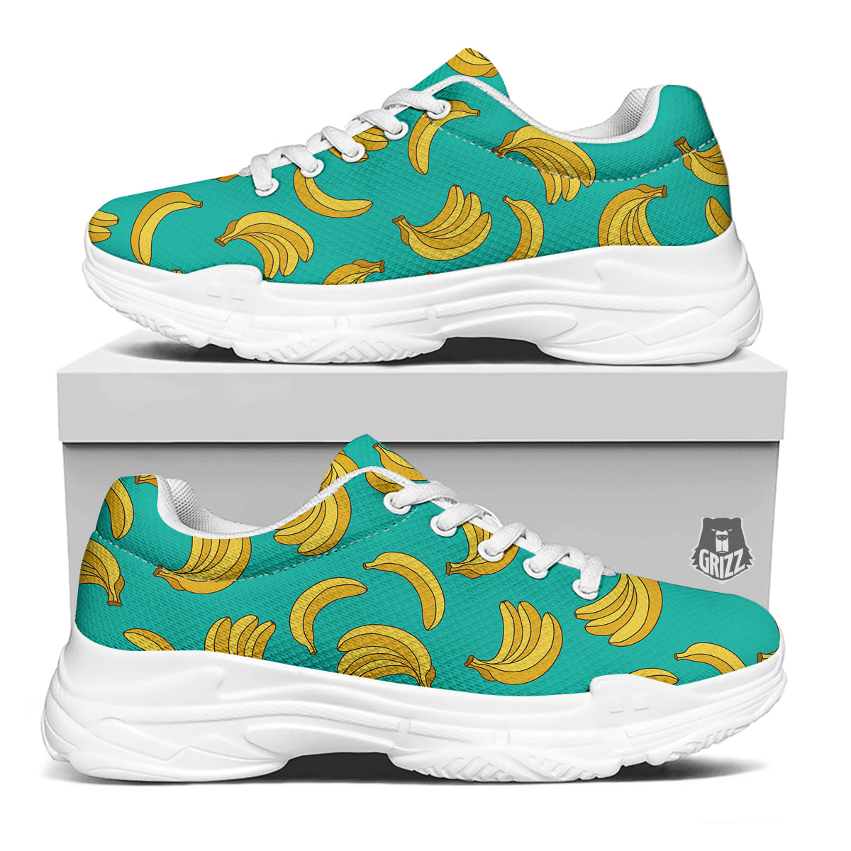 Yellow Banana Print Pattern White Chunky Shoes-grizzshop