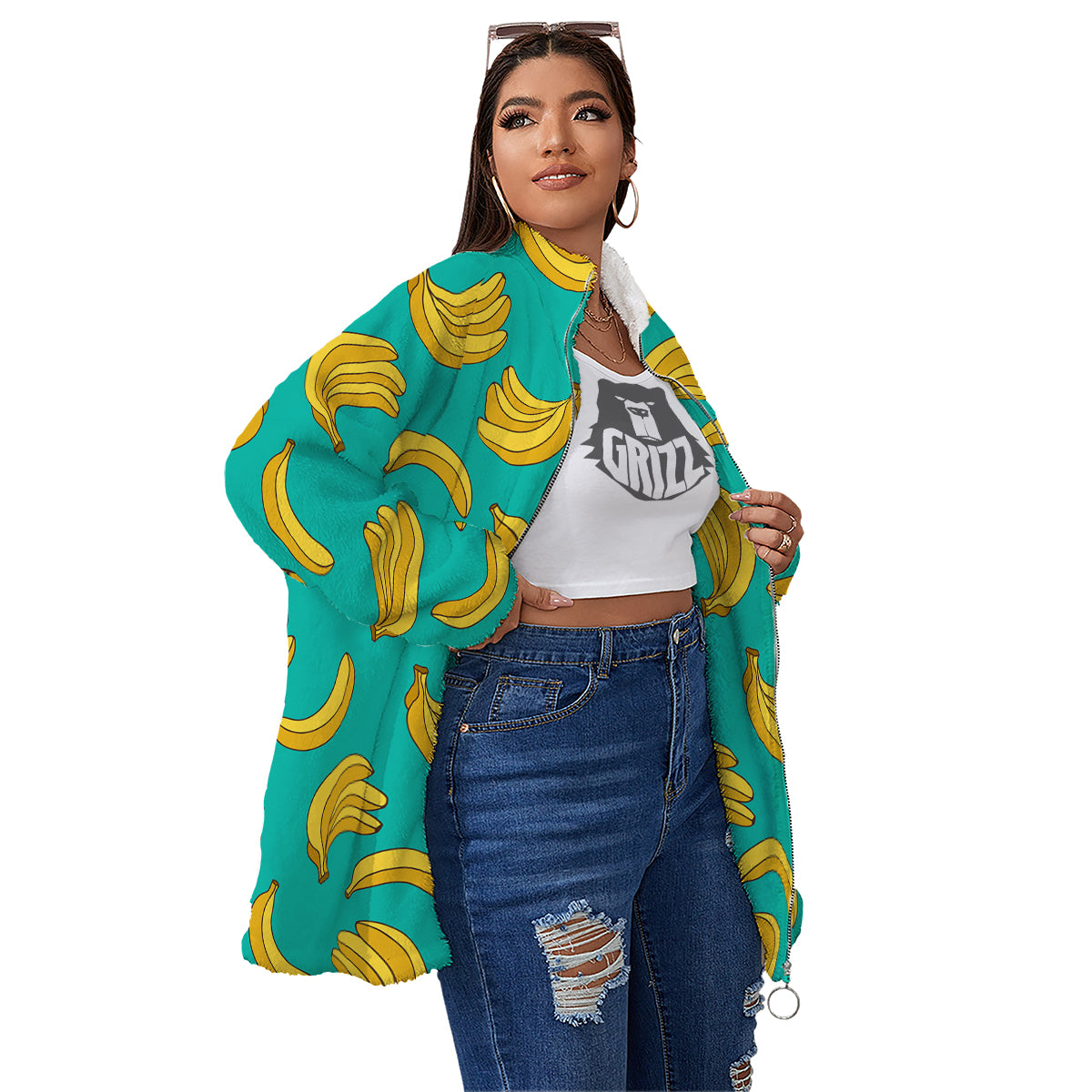 Yellow Banana Print Pattern Women's Sherpa Jacket-grizzshop