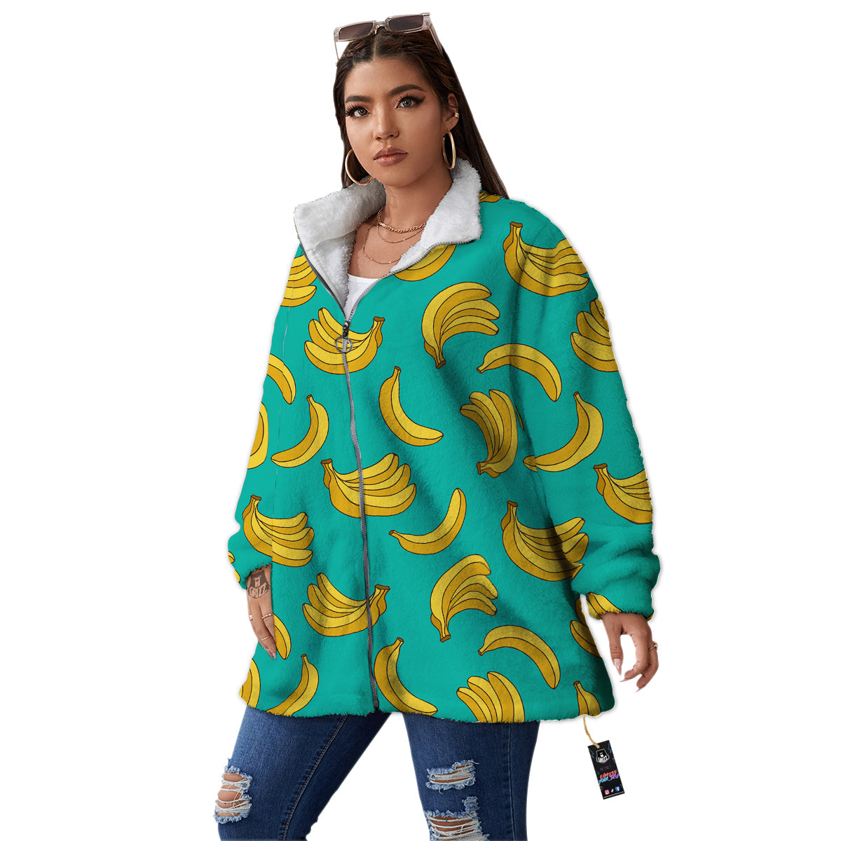 Yellow Banana Print Pattern Women's Sherpa Jacket-grizzshop
