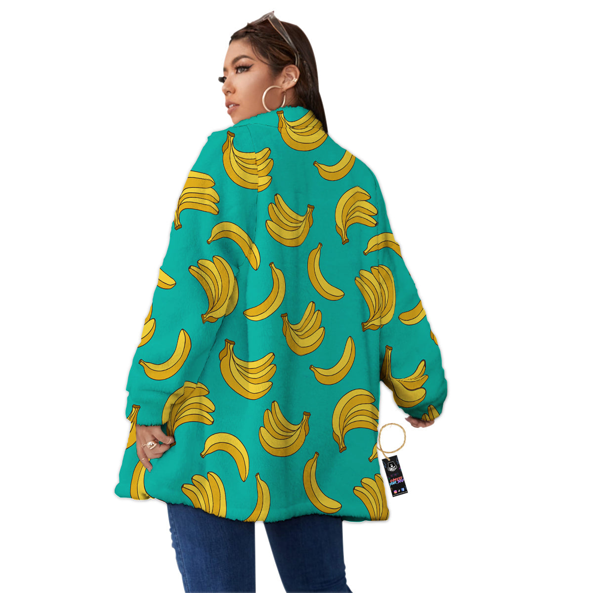 Yellow Banana Print Pattern Women's Sherpa Jacket-grizzshop