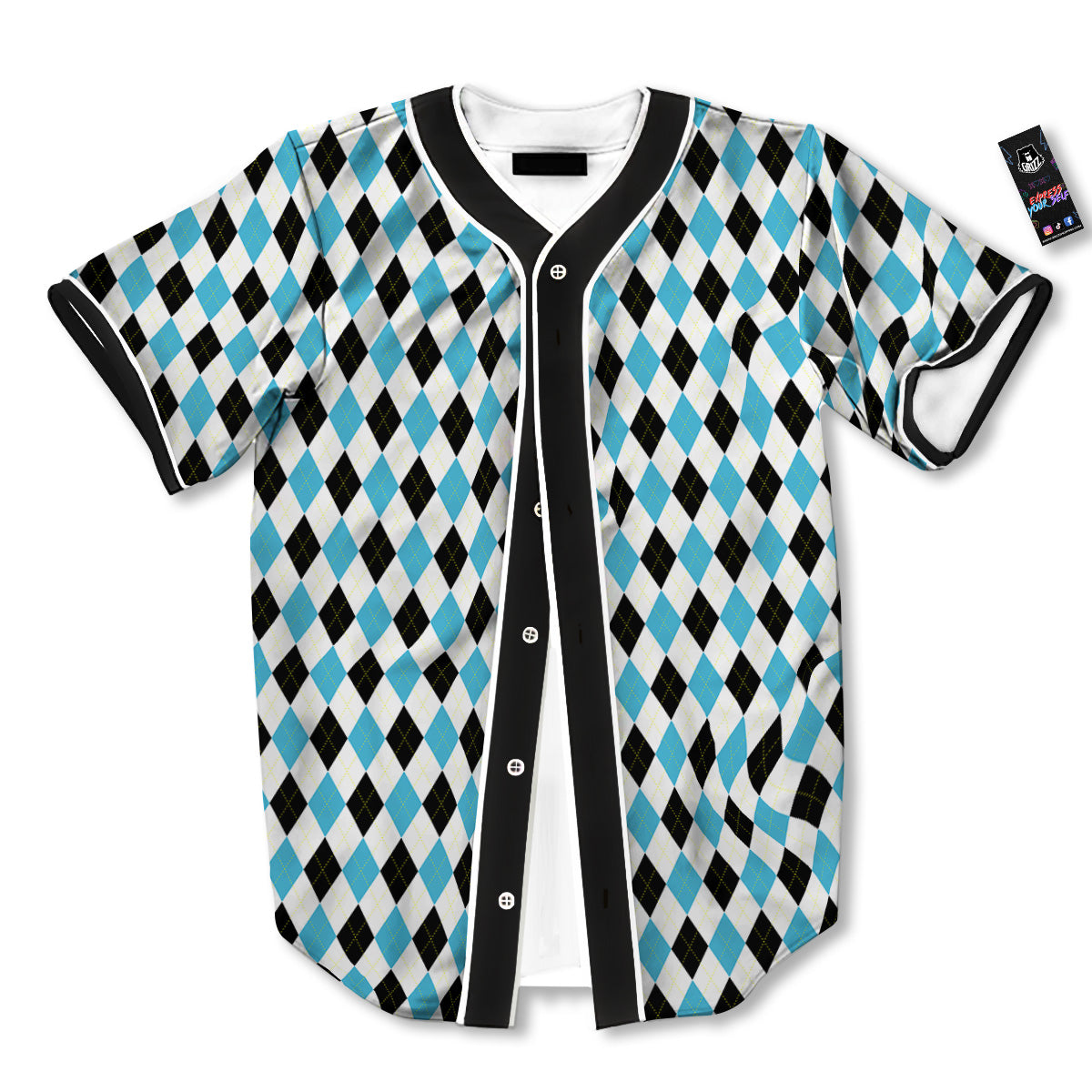Yellow Black And Blue Argyle Print Baseball Jersey-grizzshop