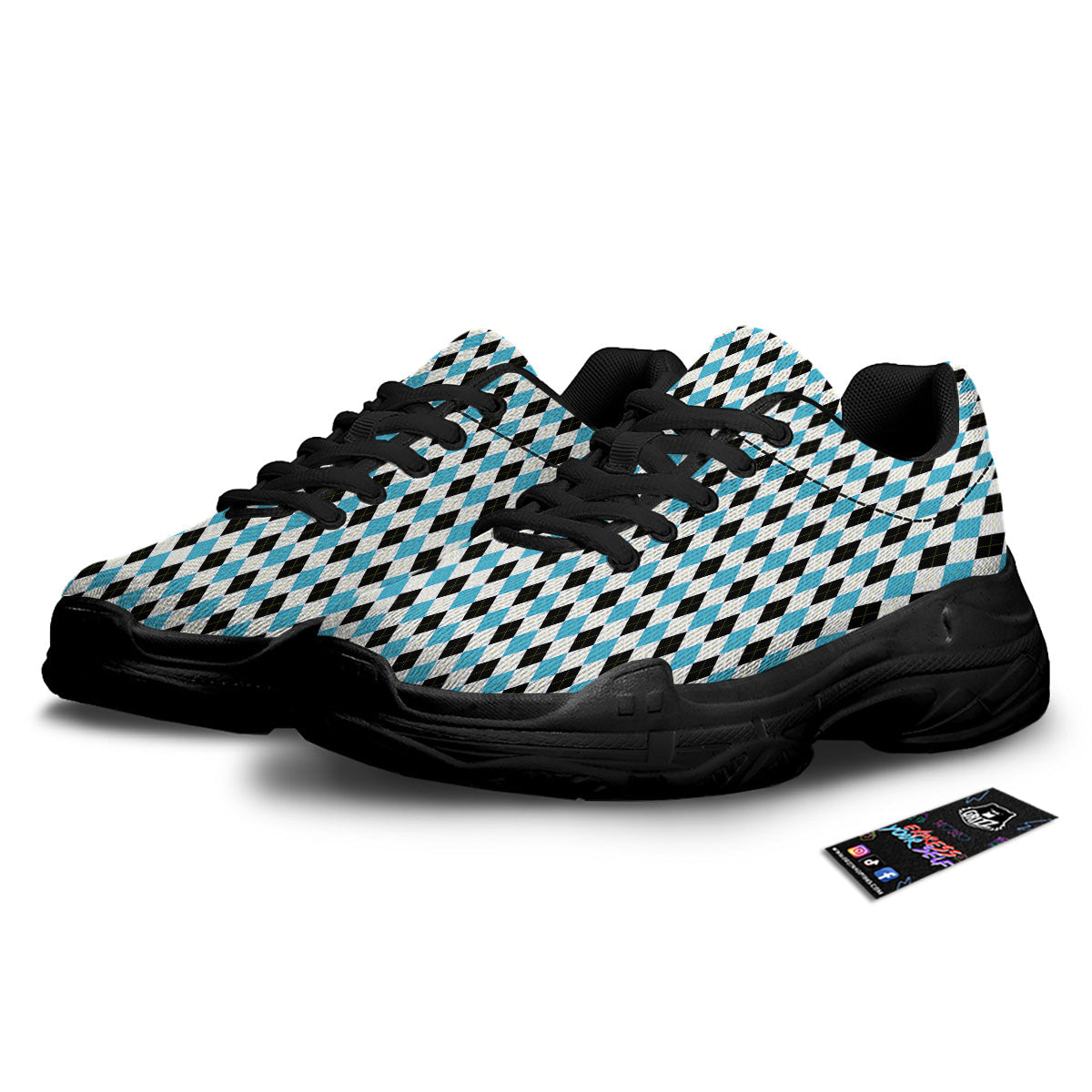 Yellow Black And Blue Argyle Print Black Chunky Shoes-grizzshop