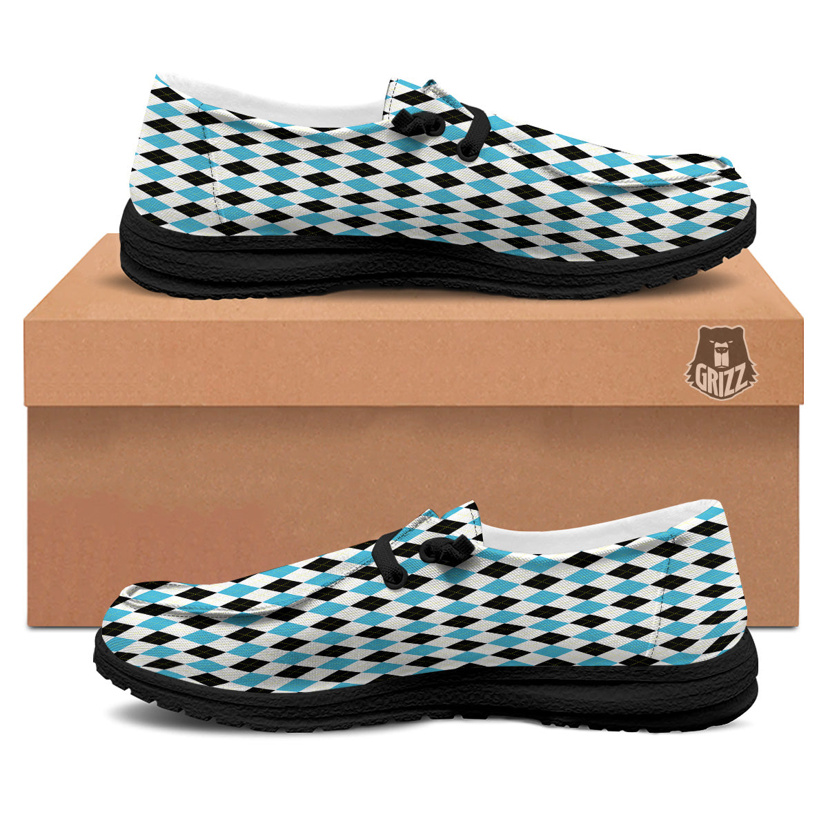 Yellow Black And Blue Argyle Print Black Loafers-grizzshop