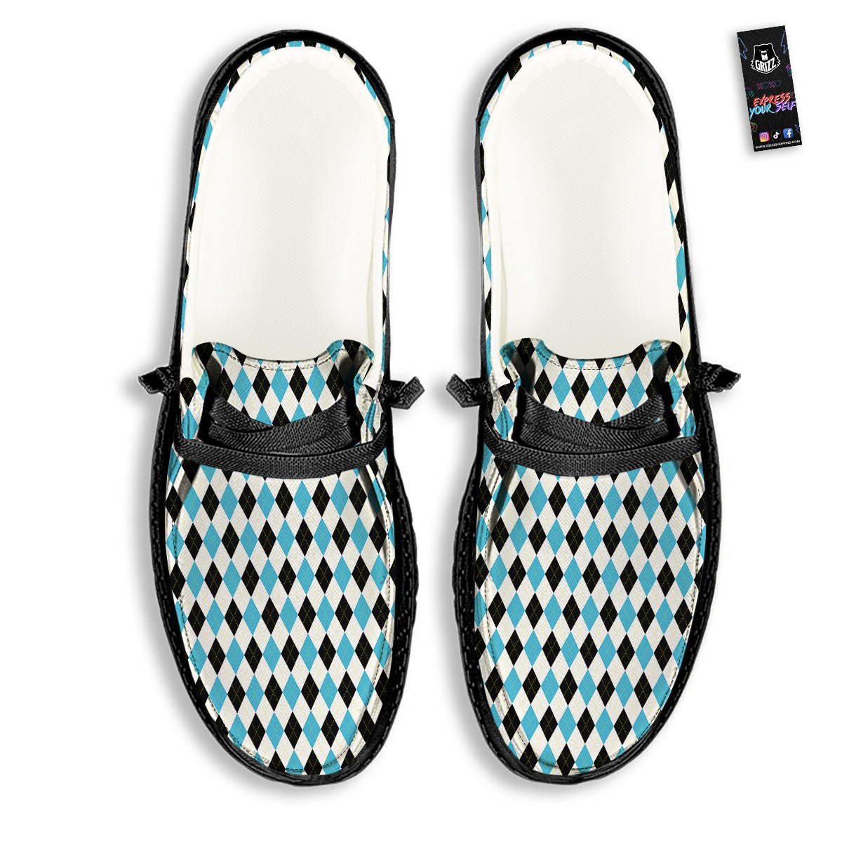Yellow Black And Blue Argyle Print Black Loafers-grizzshop