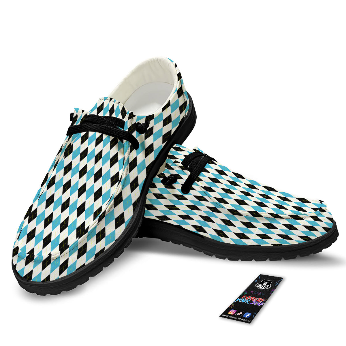 Yellow Black And Blue Argyle Print Black Loafers-grizzshop