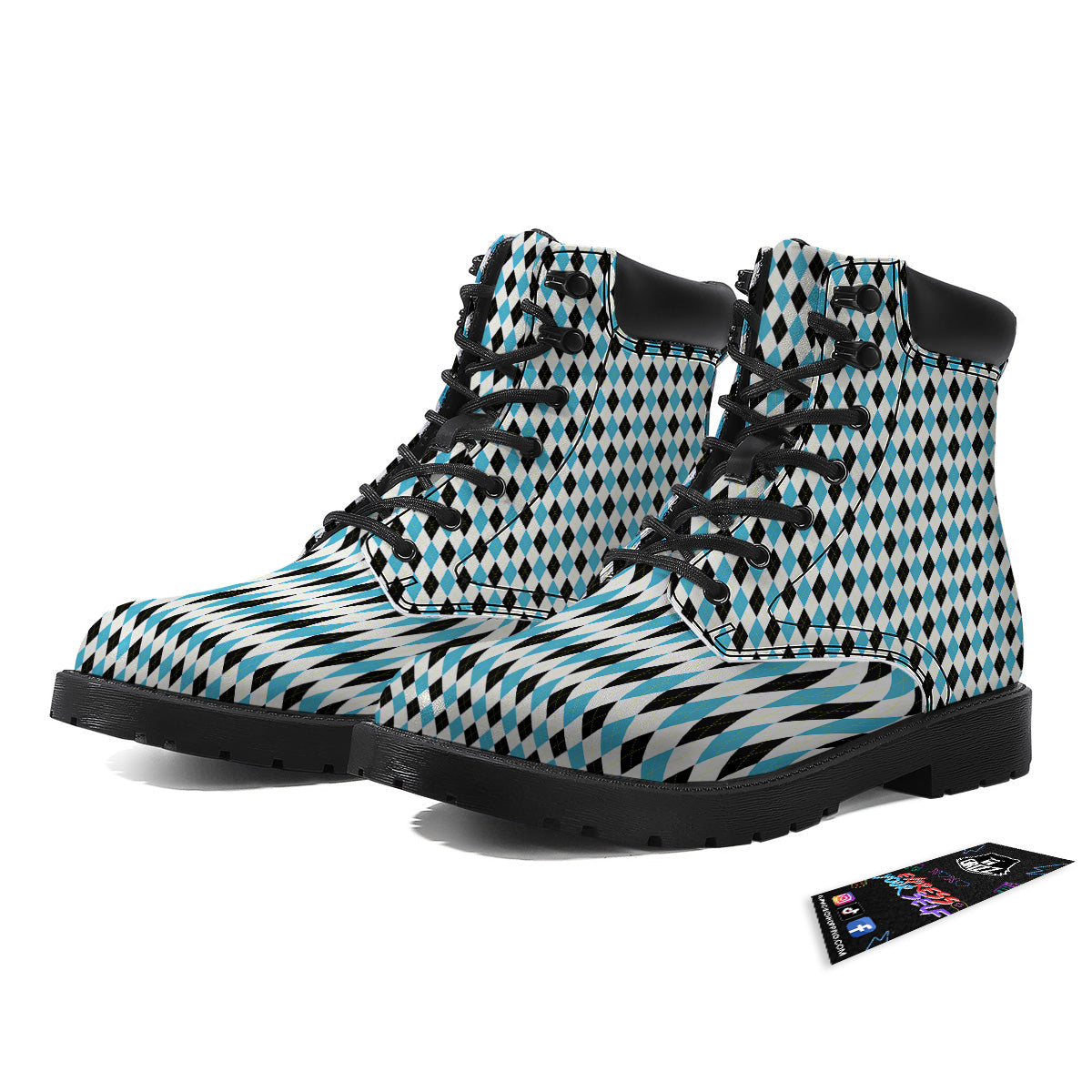 Yellow Black And Blue Argyle Print Boots-grizzshop