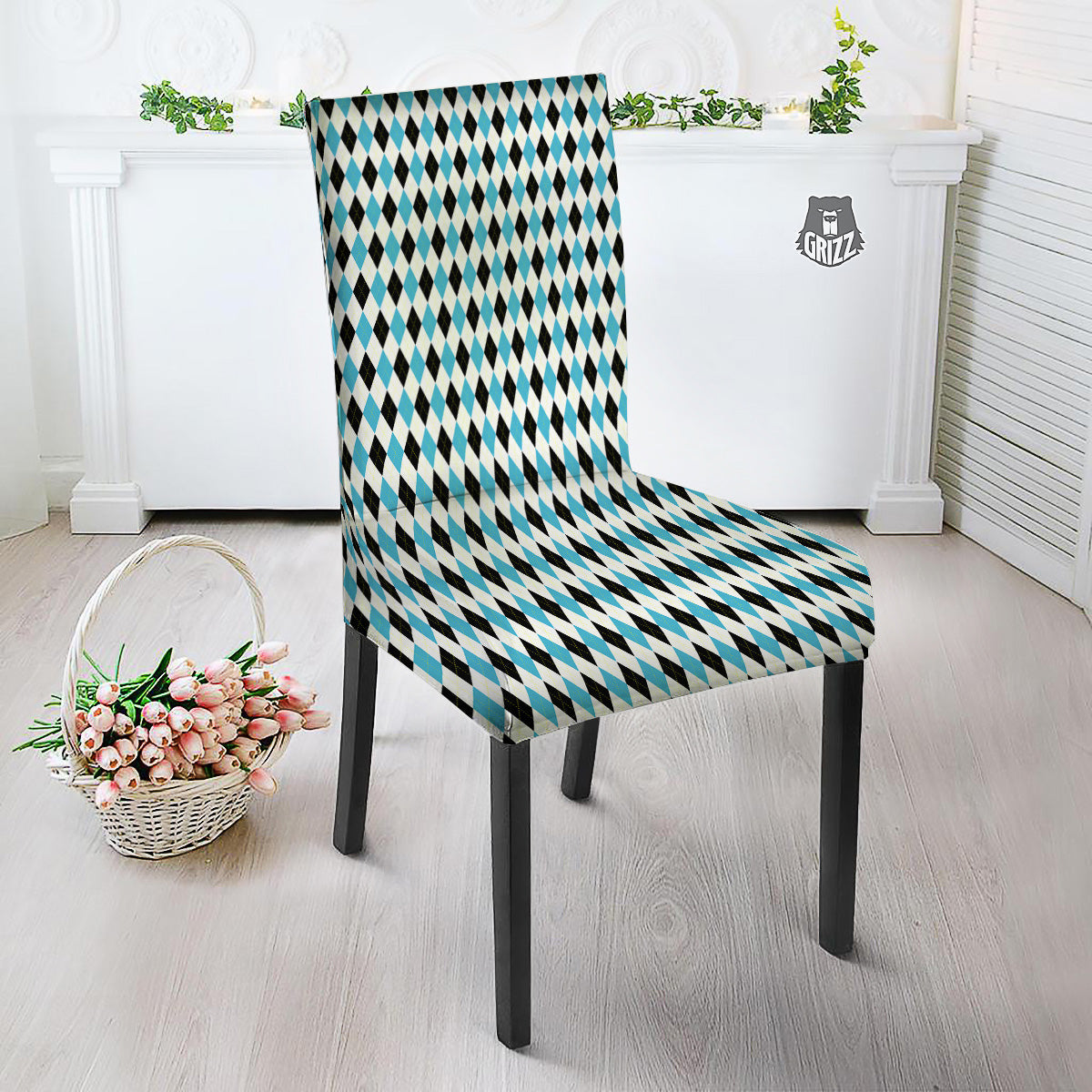 Yellow Black And Blue Argyle Print Dining Chair Slipcover-grizzshop