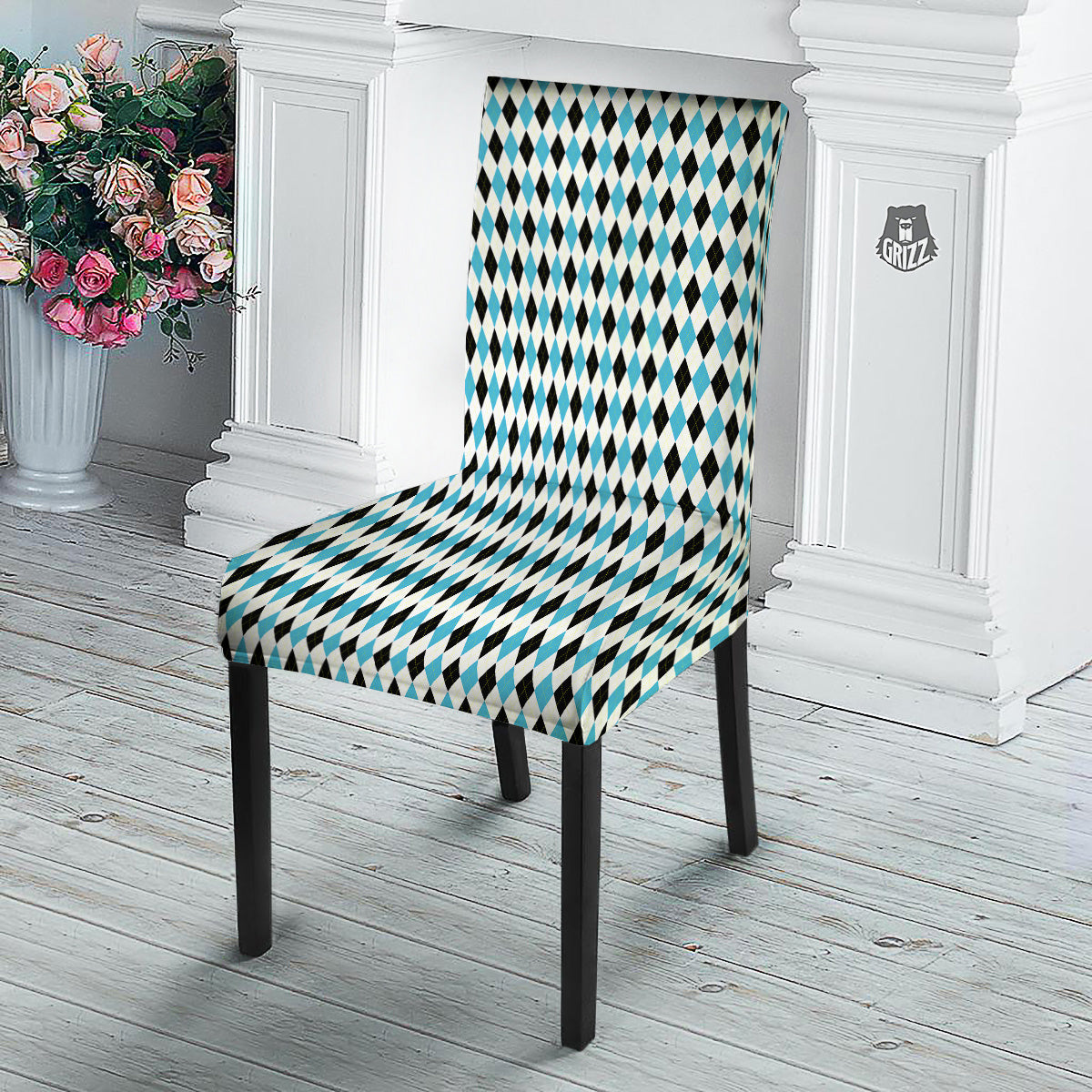 Yellow Black And Blue Argyle Print Dining Chair Slipcover-grizzshop
