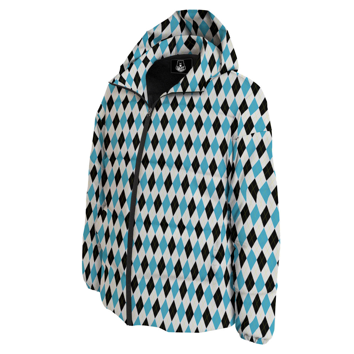Yellow Black And Blue Argyle Print Down Jacket-grizzshop