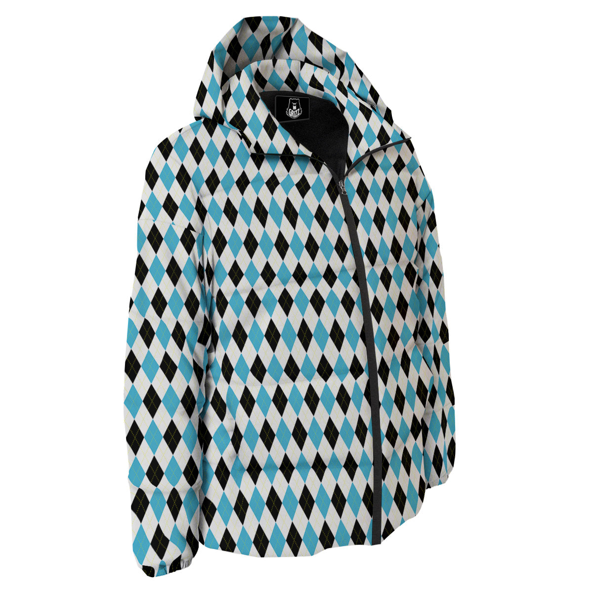 Yellow Black And Blue Argyle Print Down Jacket-grizzshop