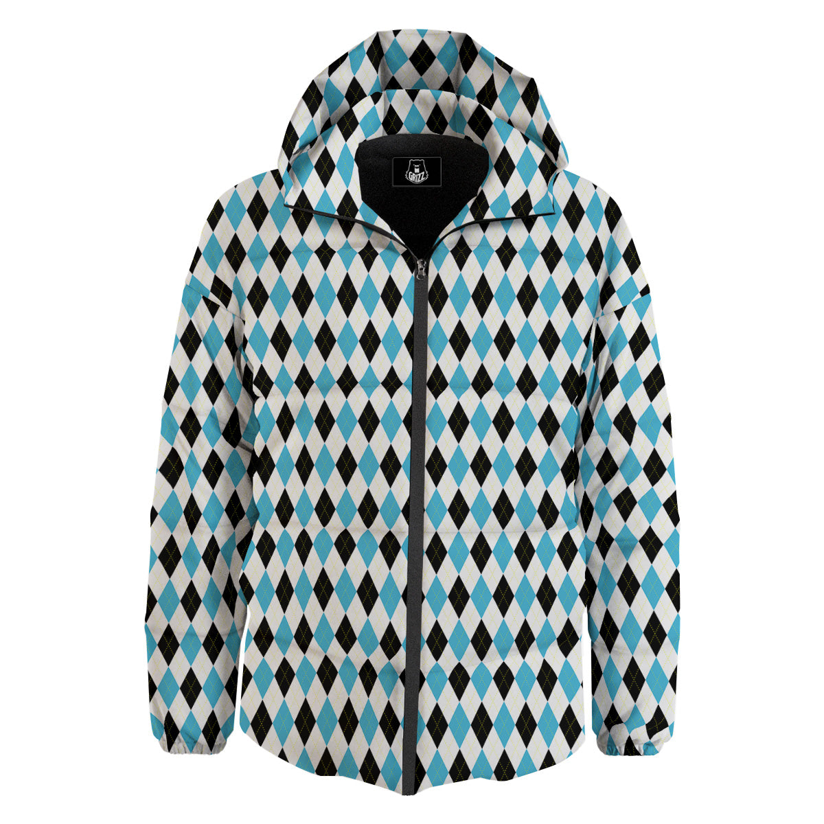 Yellow Black And Blue Argyle Print Down Jacket-grizzshop