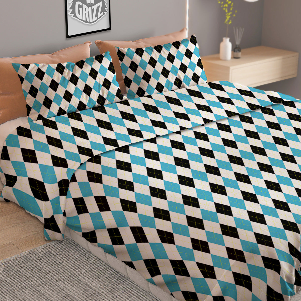 Yellow Black And Blue Argyle Print Duvet Cover Bedding Set