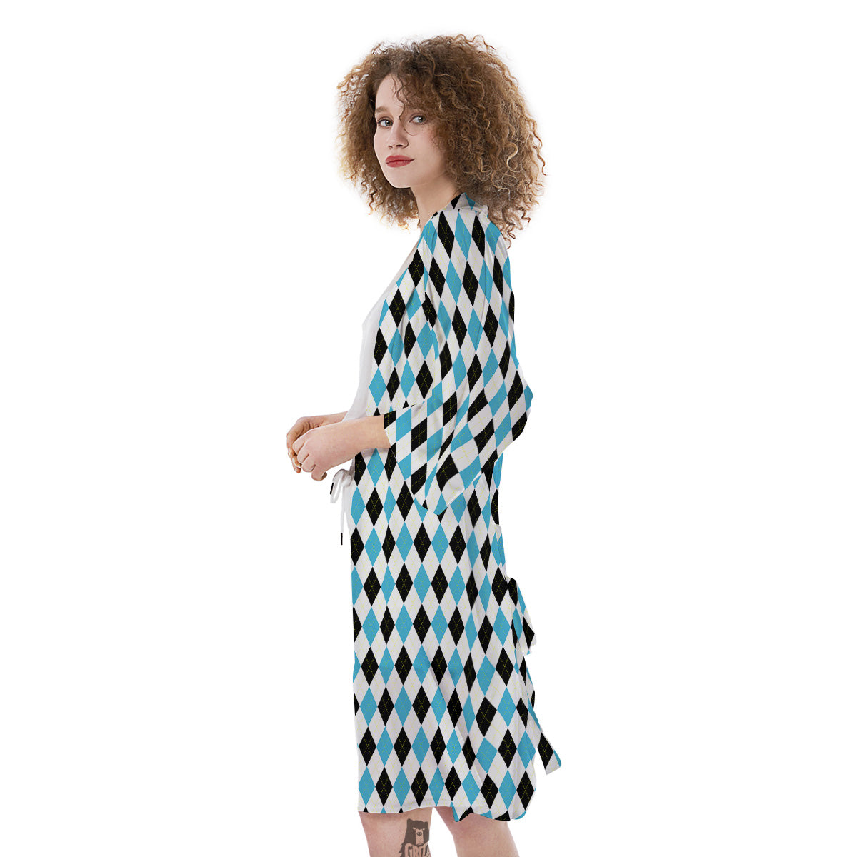 Yellow Black And Blue Argyle Print Kimono-grizzshop