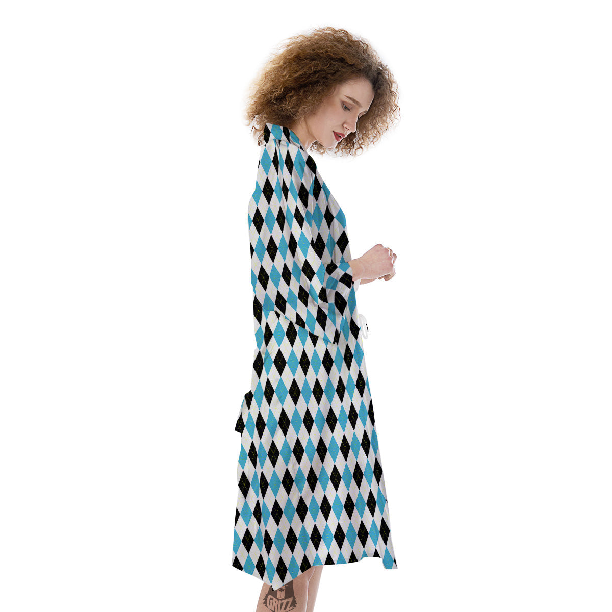 Yellow Black And Blue Argyle Print Kimono-grizzshop