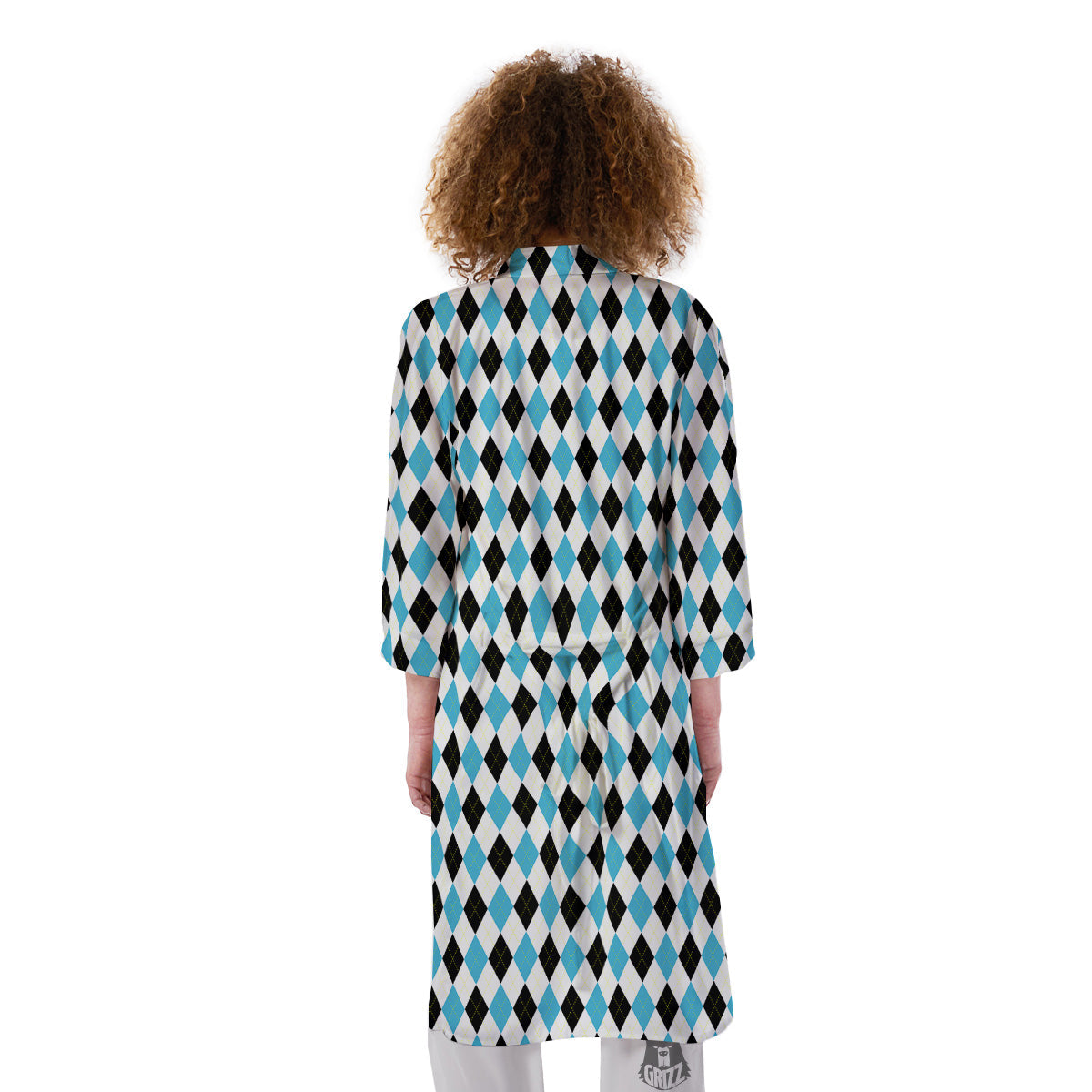 Yellow Black And Blue Argyle Print Kimono-grizzshop