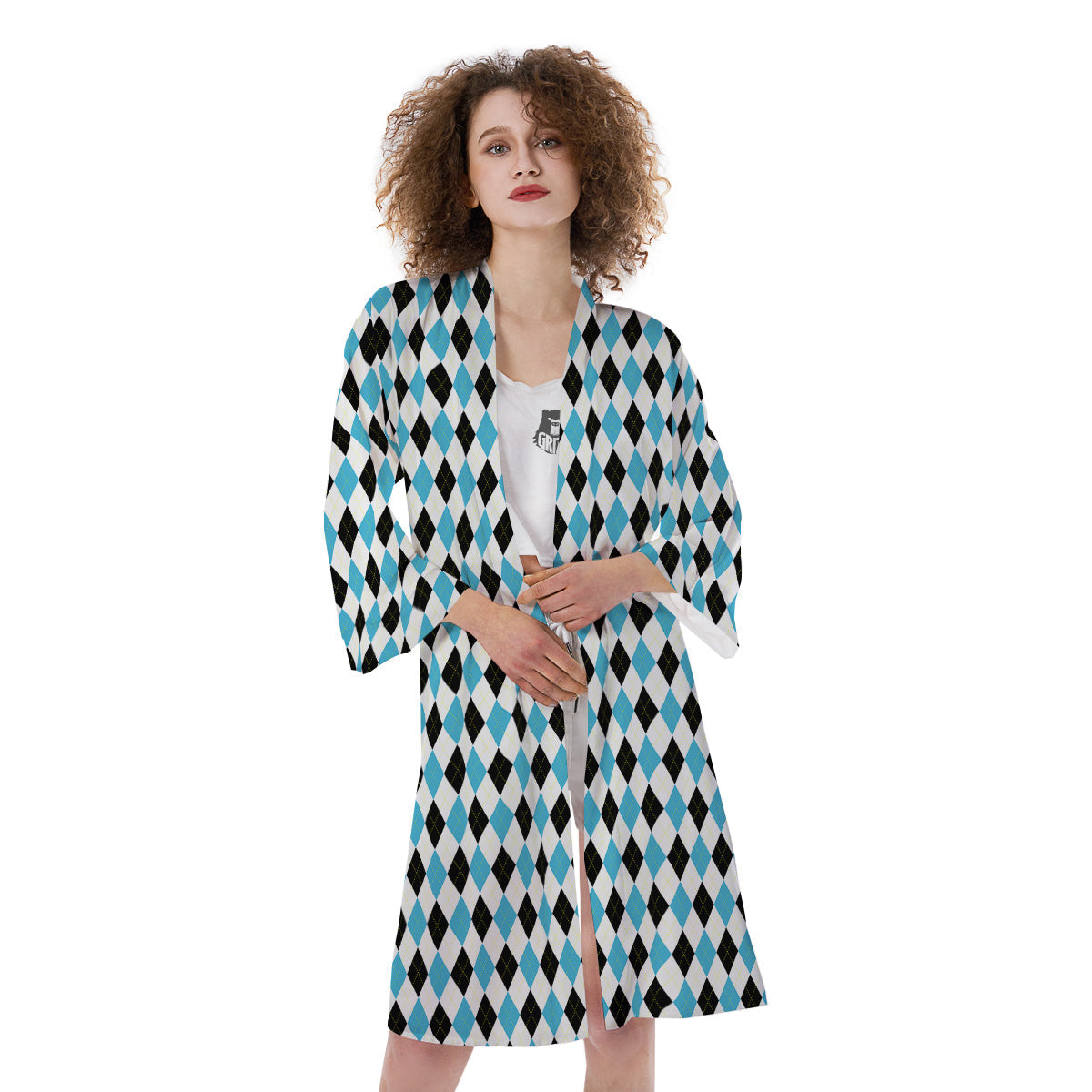 Yellow Black And Blue Argyle Print Kimono-grizzshop