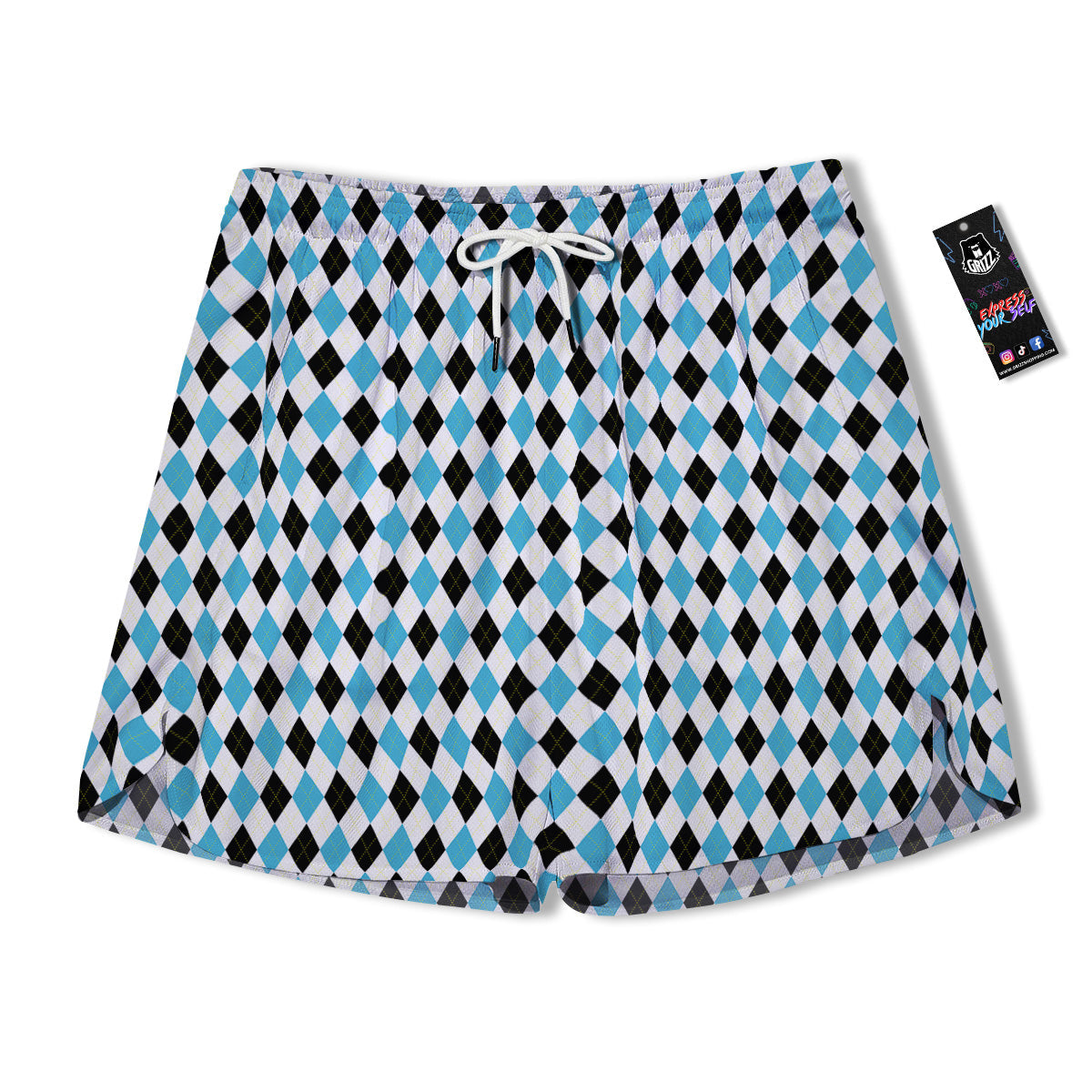 Yellow Black And Blue Argyle Print Men's Running Shorts-grizzshop