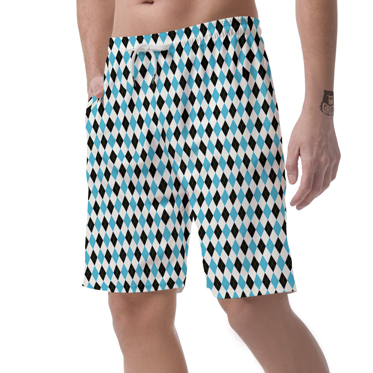 Yellow Black And Blue Argyle Print Men's Shorts-grizzshop