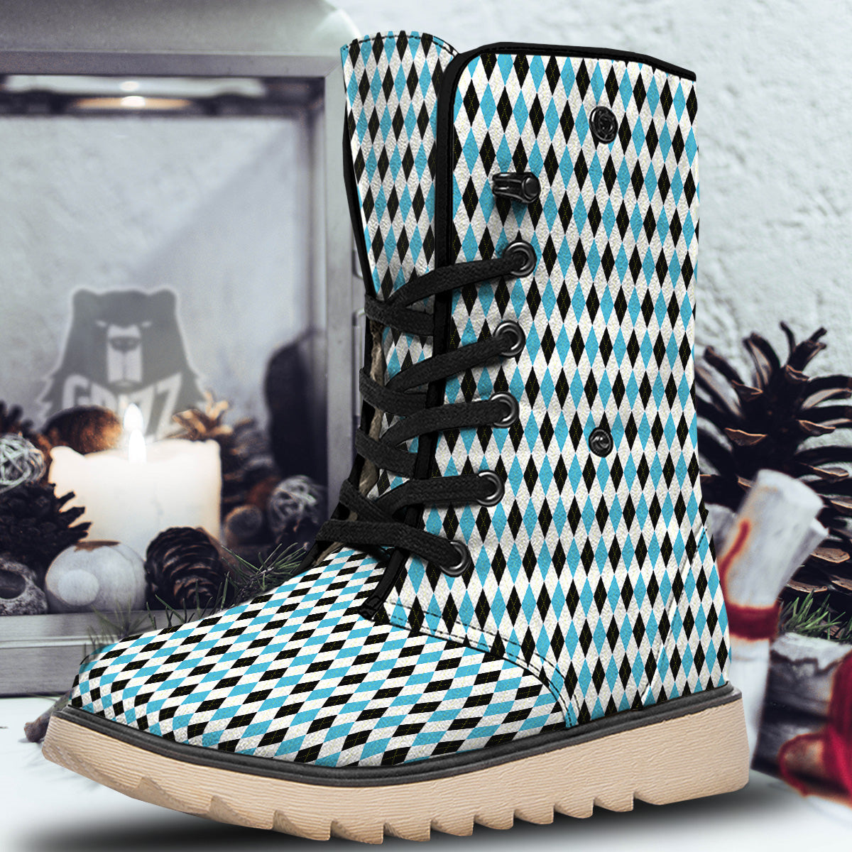 Yellow Black And Blue Argyle Print Snow Boots-grizzshop
