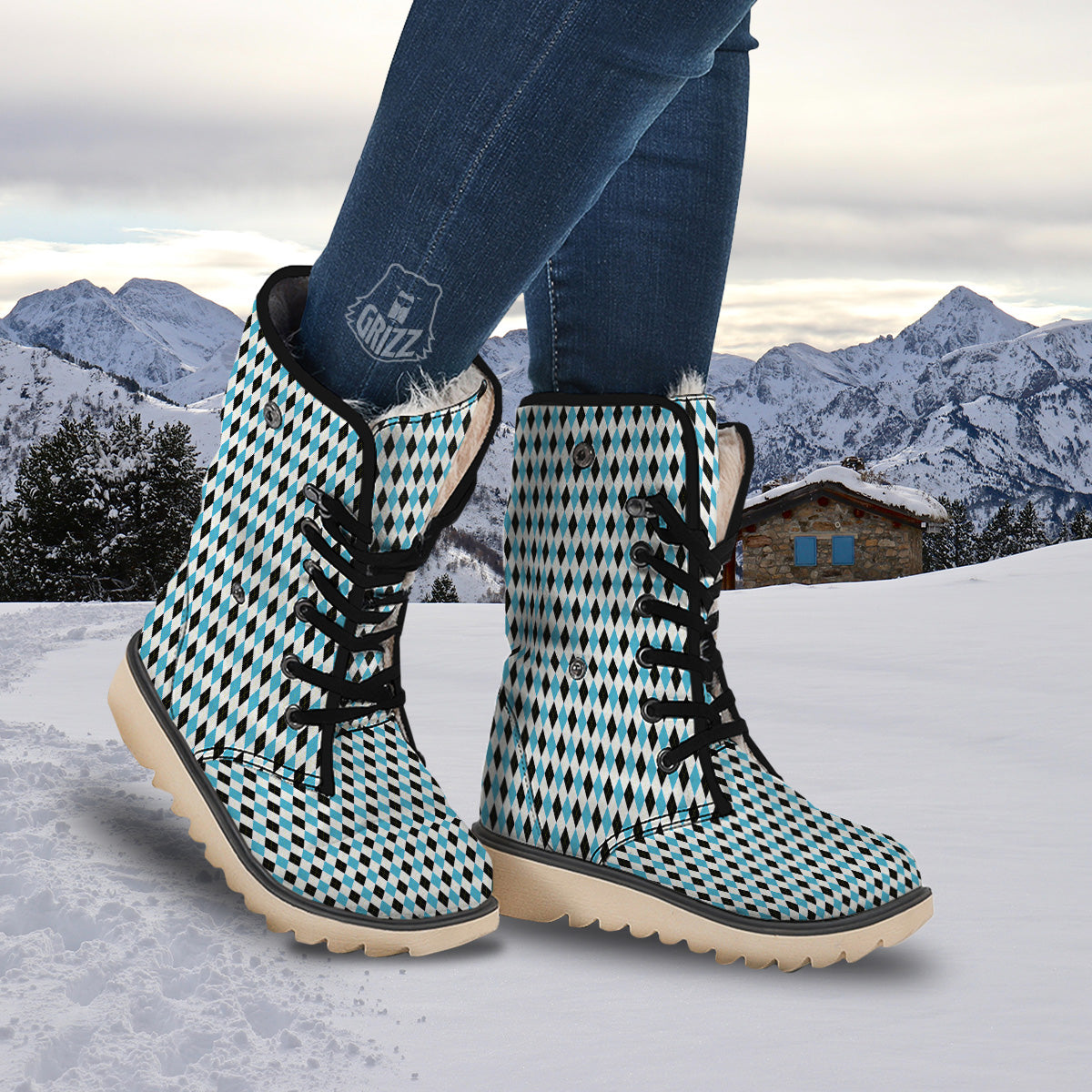 Yellow Black And Blue Argyle Print Snow Boots-grizzshop